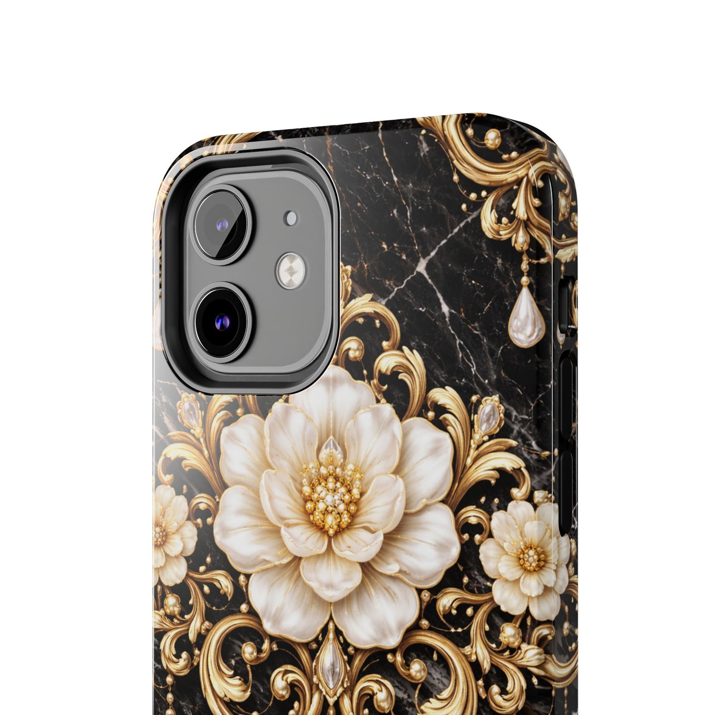 Phone Case — Black Marble Floral Baroque Tough Protective Cover