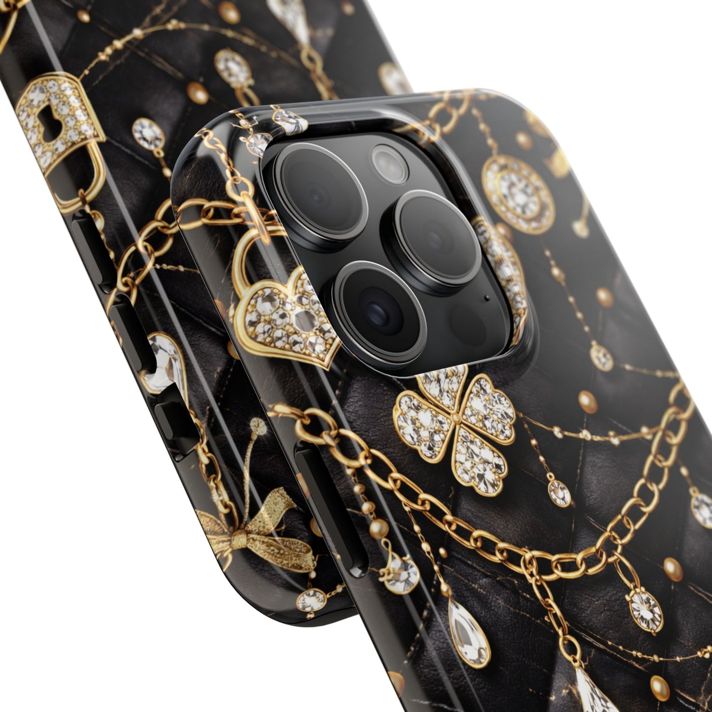 Quilted Black Luxe Phone Case — Gold Chain & Jewel Charm Design