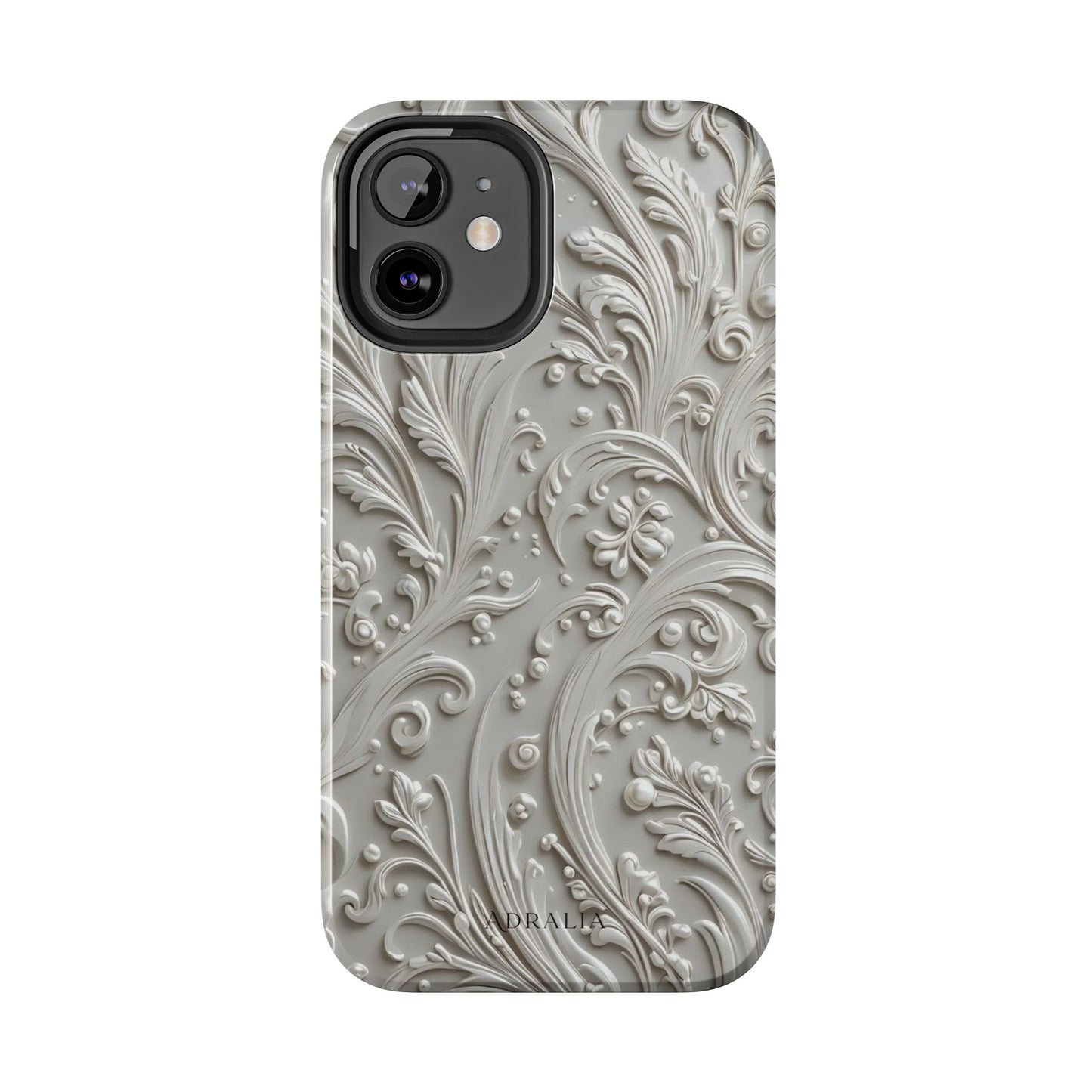 Ornate Baroque Relief Tough Phone Case — Gray Floral Scroll Protective Cover