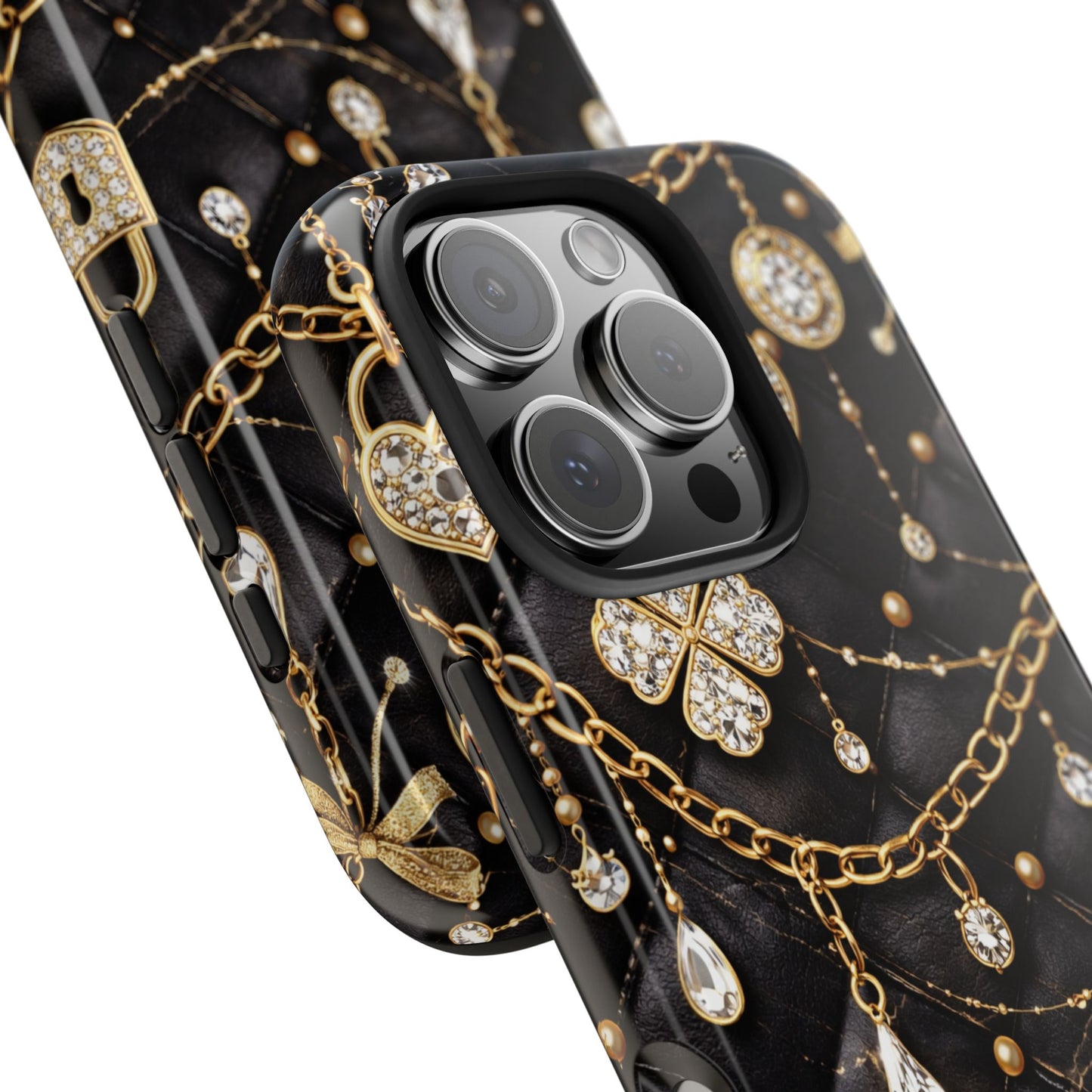 Quilted Black Luxe Phone Case — Gold Chain & Jewel Charm Design
