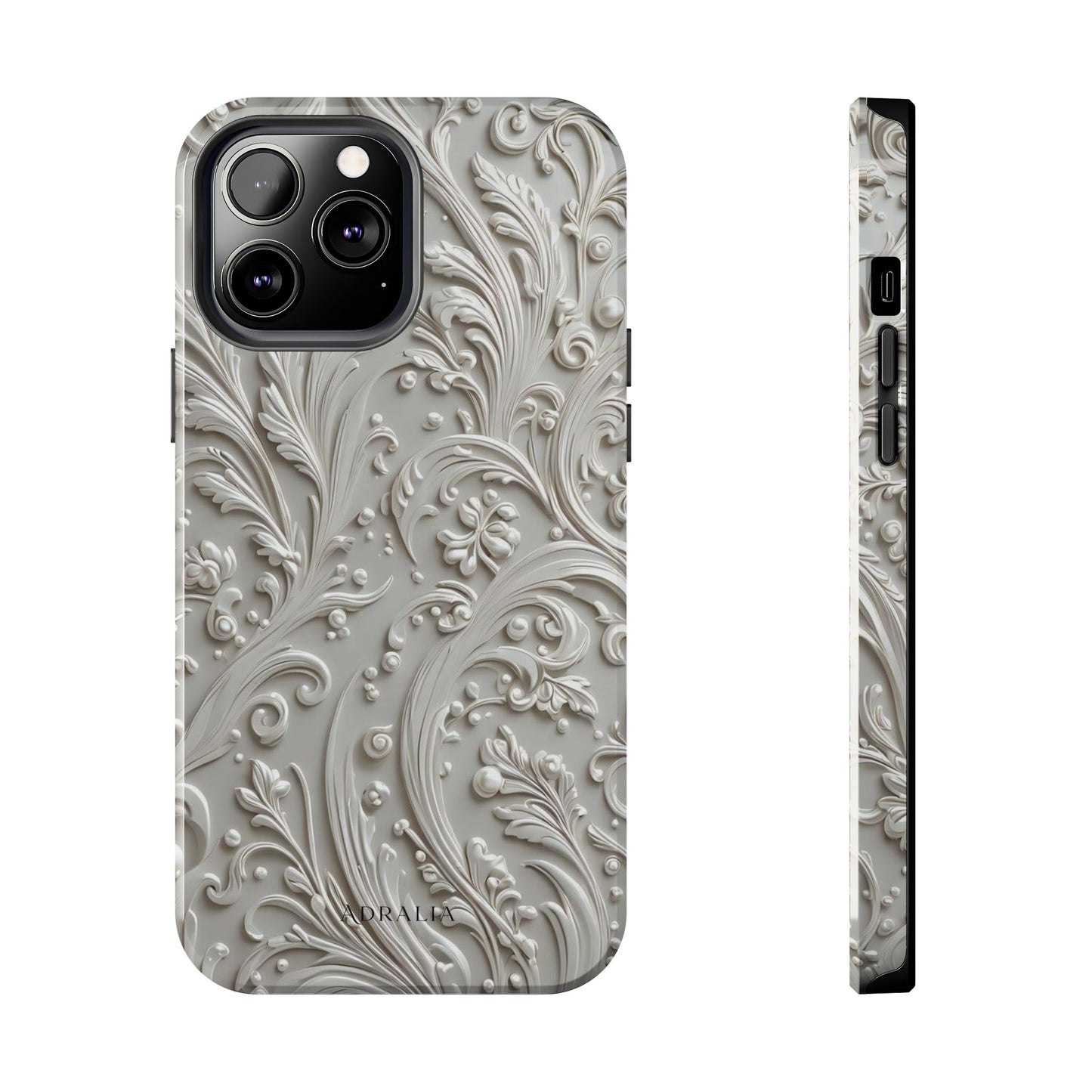 Ornate Baroque Relief Tough Phone Case — Gray Floral Scroll Protective Cover