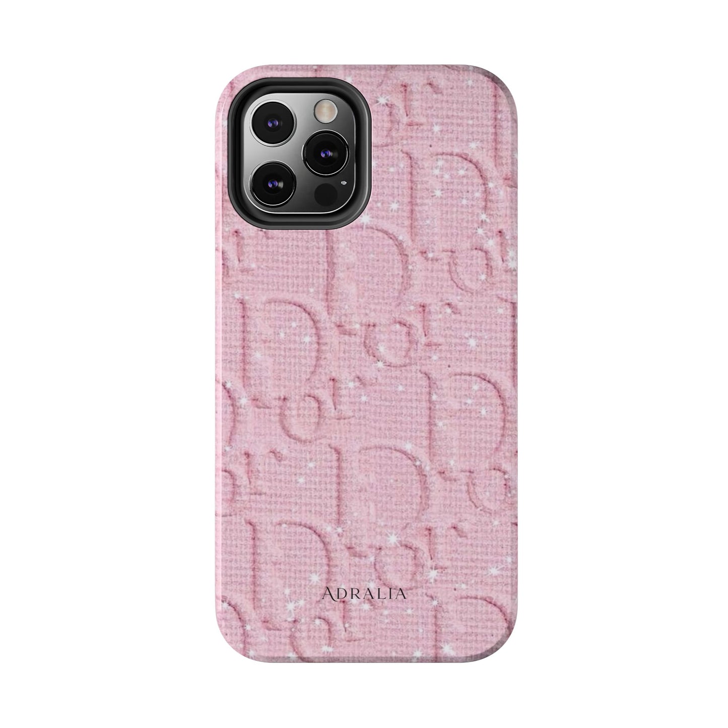 Pink Embossed Tough Phone Case – 'Adralia' Glitter Monogram Protective Cover