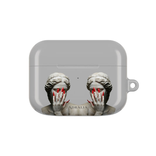 Statue Hands AirPod Case — Moody Grey Sculpture Design with Red Nails