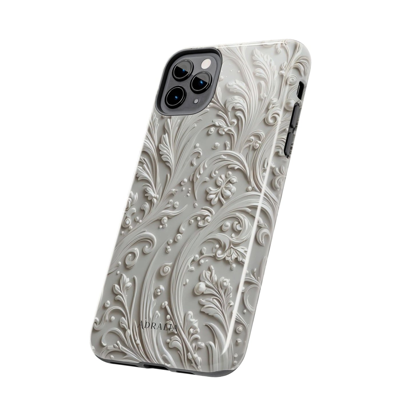 Ornate Baroque Relief Tough Phone Case — Gray Floral Scroll Protective Cover
