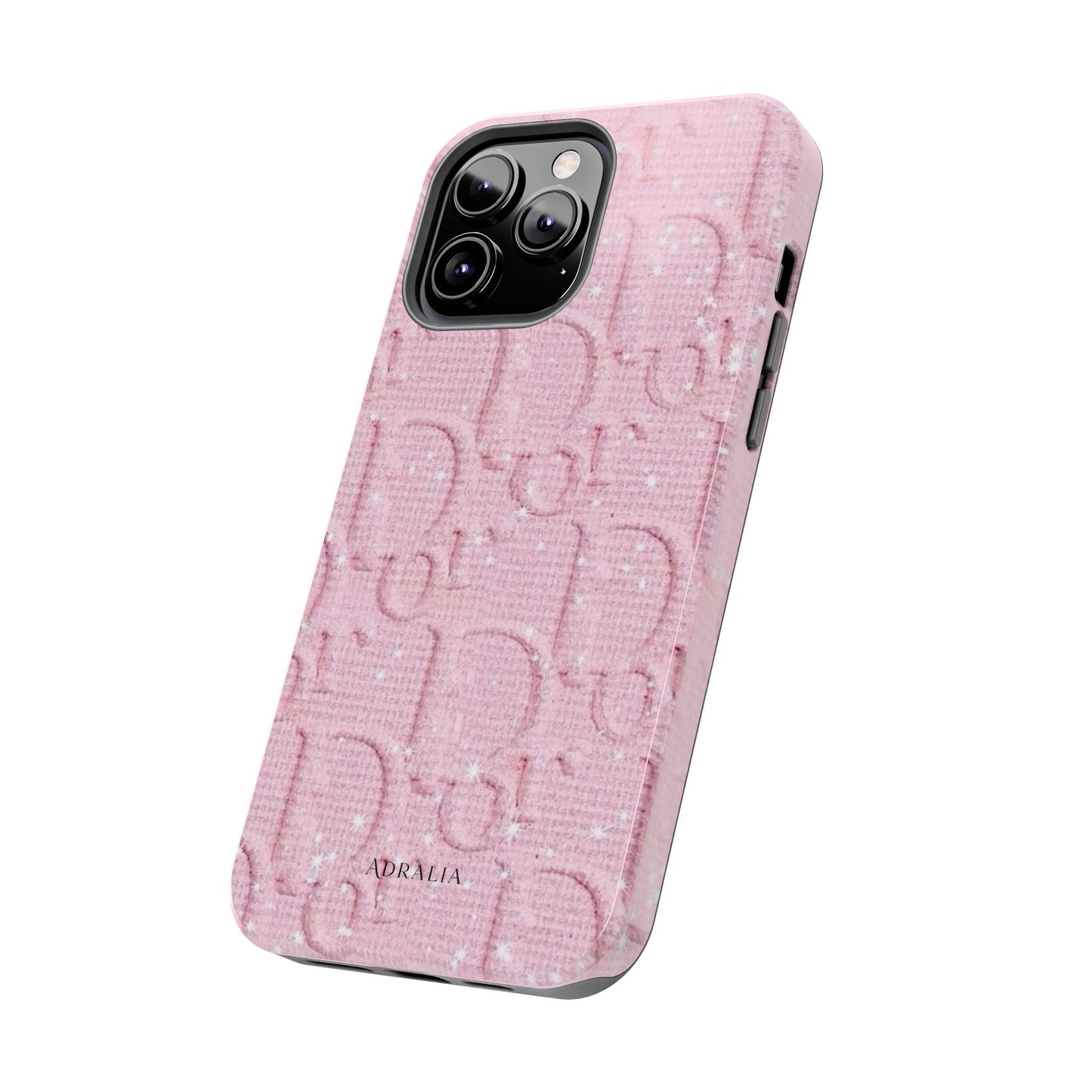 Pink Embossed Tough Phone Case – 'Adralia' Glitter Monogram Protective Cover