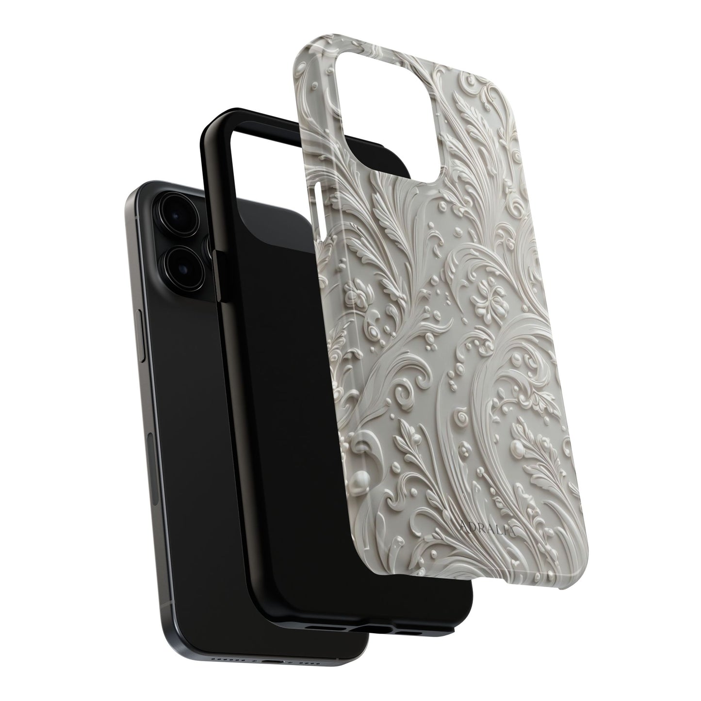 Ornate Baroque Relief Tough Phone Case — Gray Floral Scroll Protective Cover
