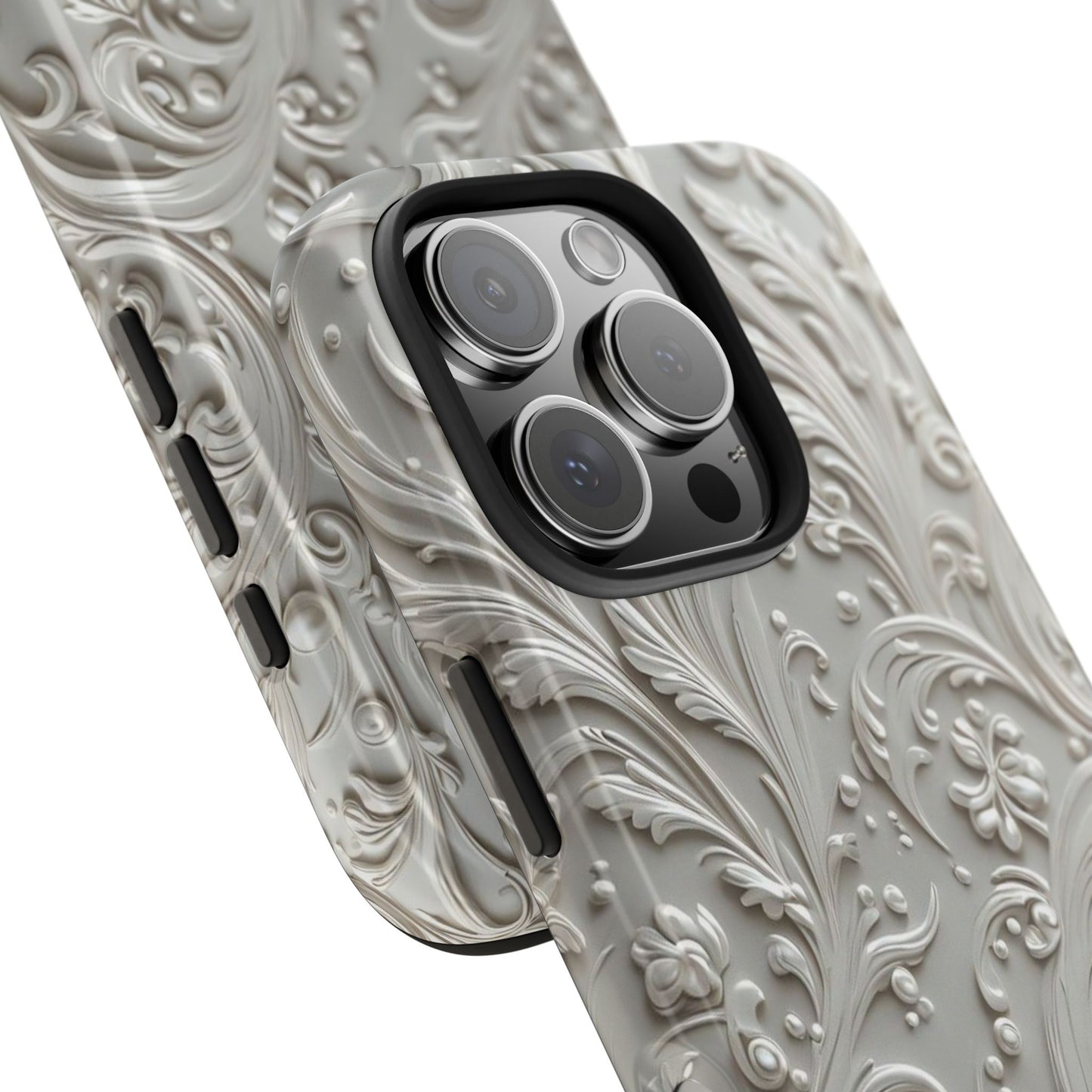 Ornate Baroque Relief Tough Phone Case — Gray Floral Scroll Protective Cover