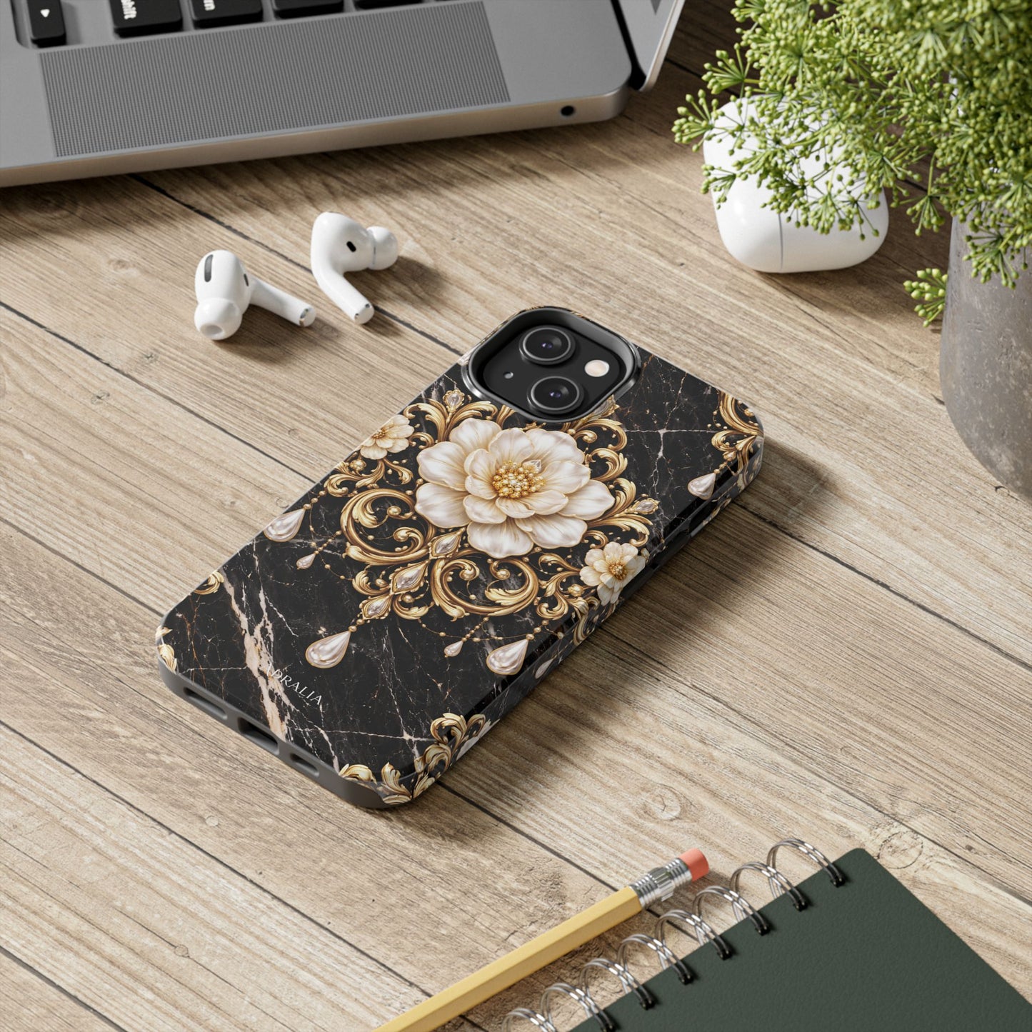 Phone Case — Black Marble Floral Baroque Tough Protective Cover