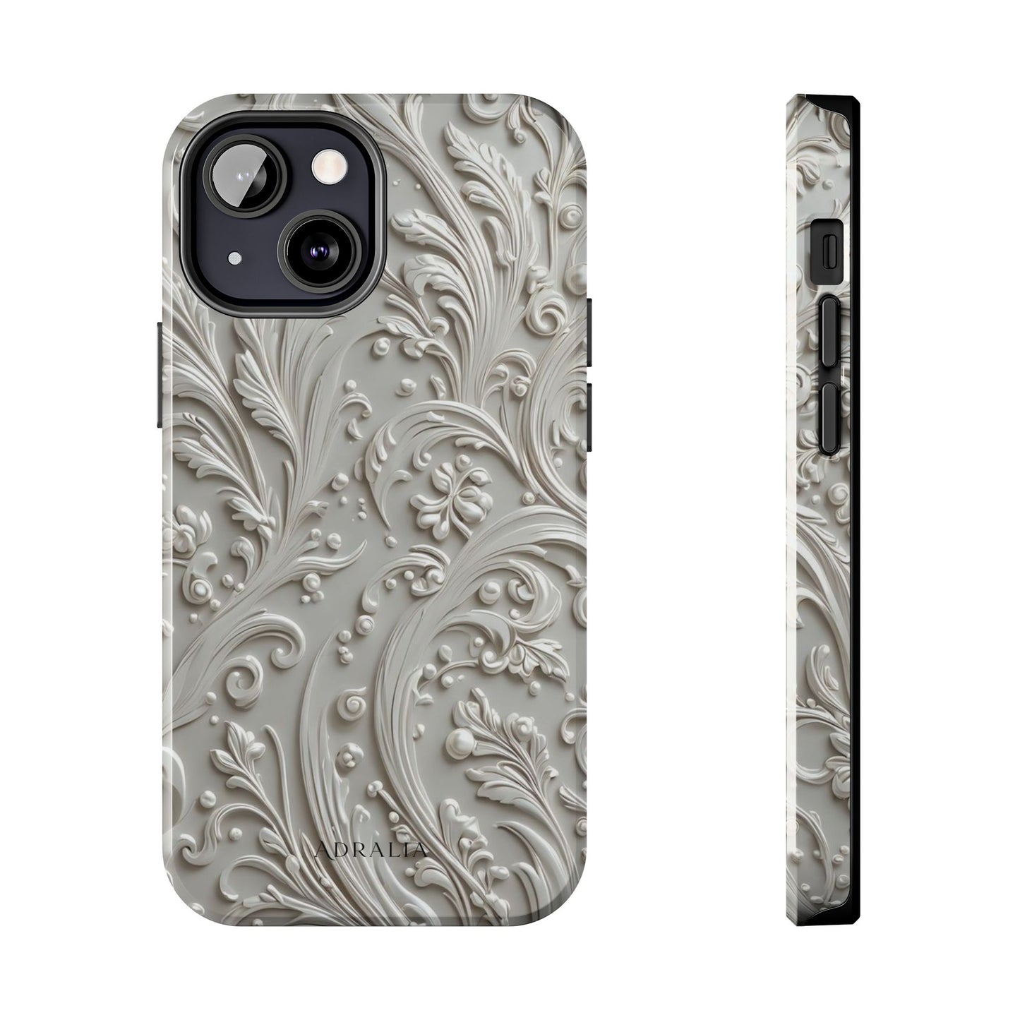 Ornate Baroque Relief Tough Phone Case — Gray Floral Scroll Protective Cover