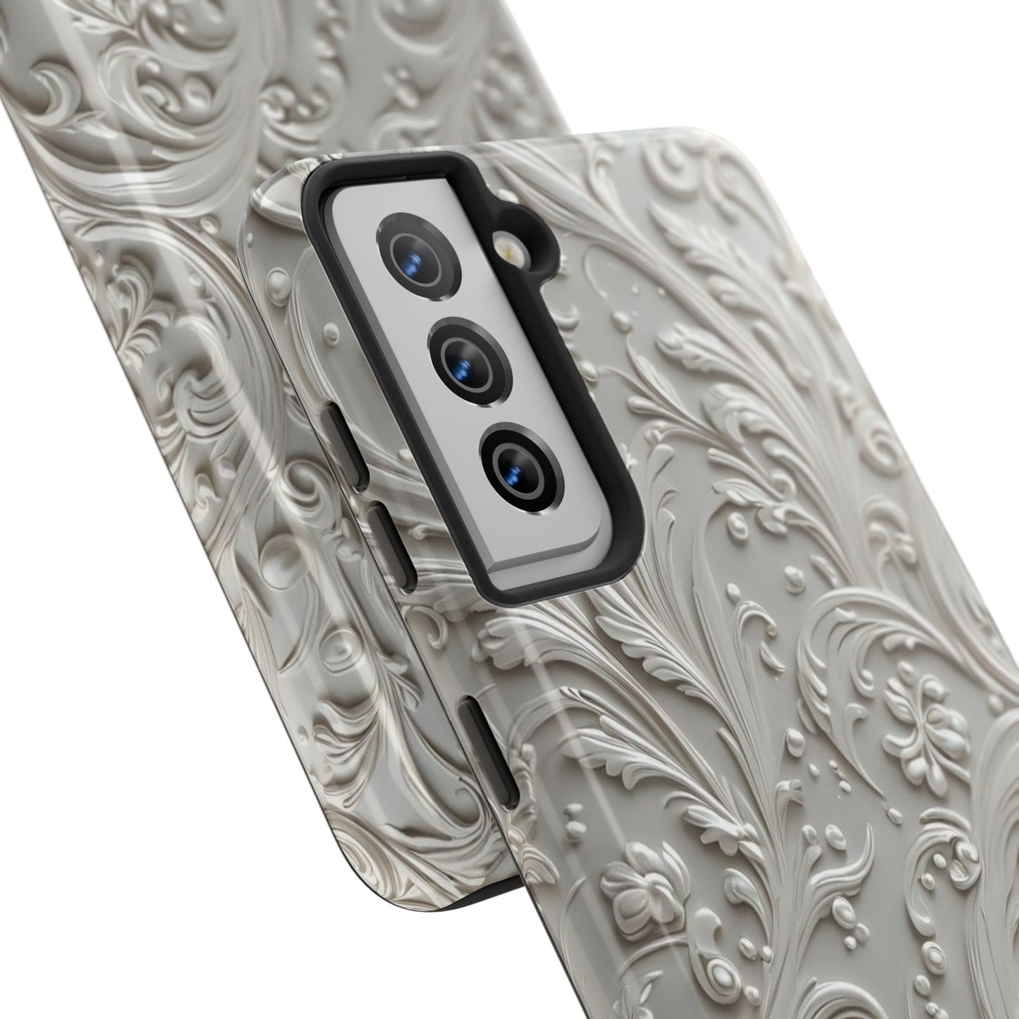 Ornate Baroque Relief Tough Phone Case — Gray Floral Scroll Protective Cover