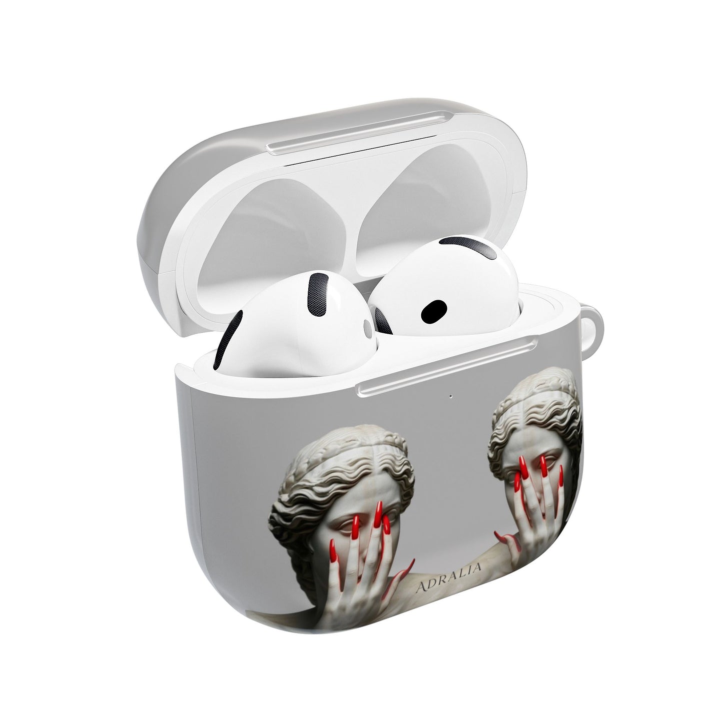 Statue Hands AirPod Case — Moody Grey Sculpture Design with Red Nails