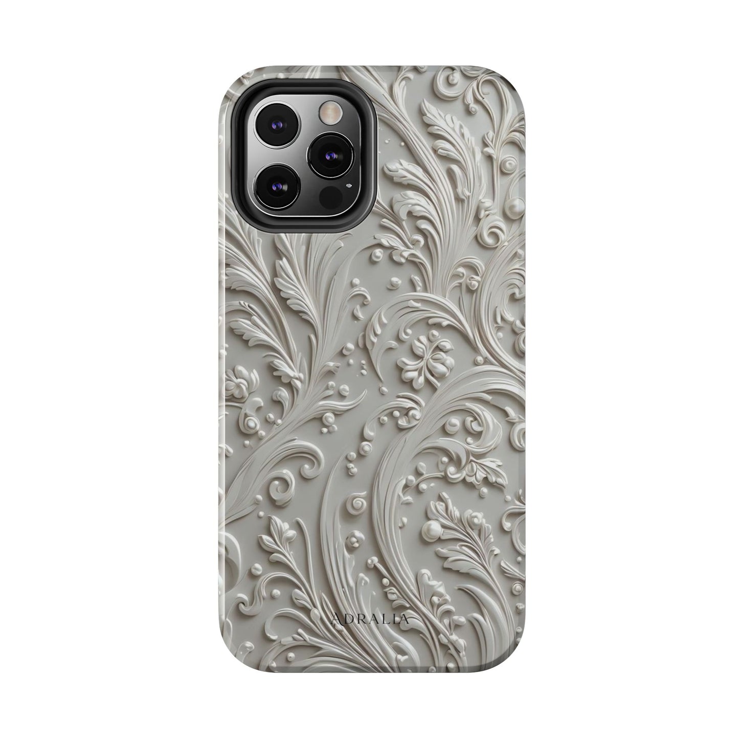 Ornate Baroque Relief Tough Phone Case — Gray Floral Scroll Protective Cover