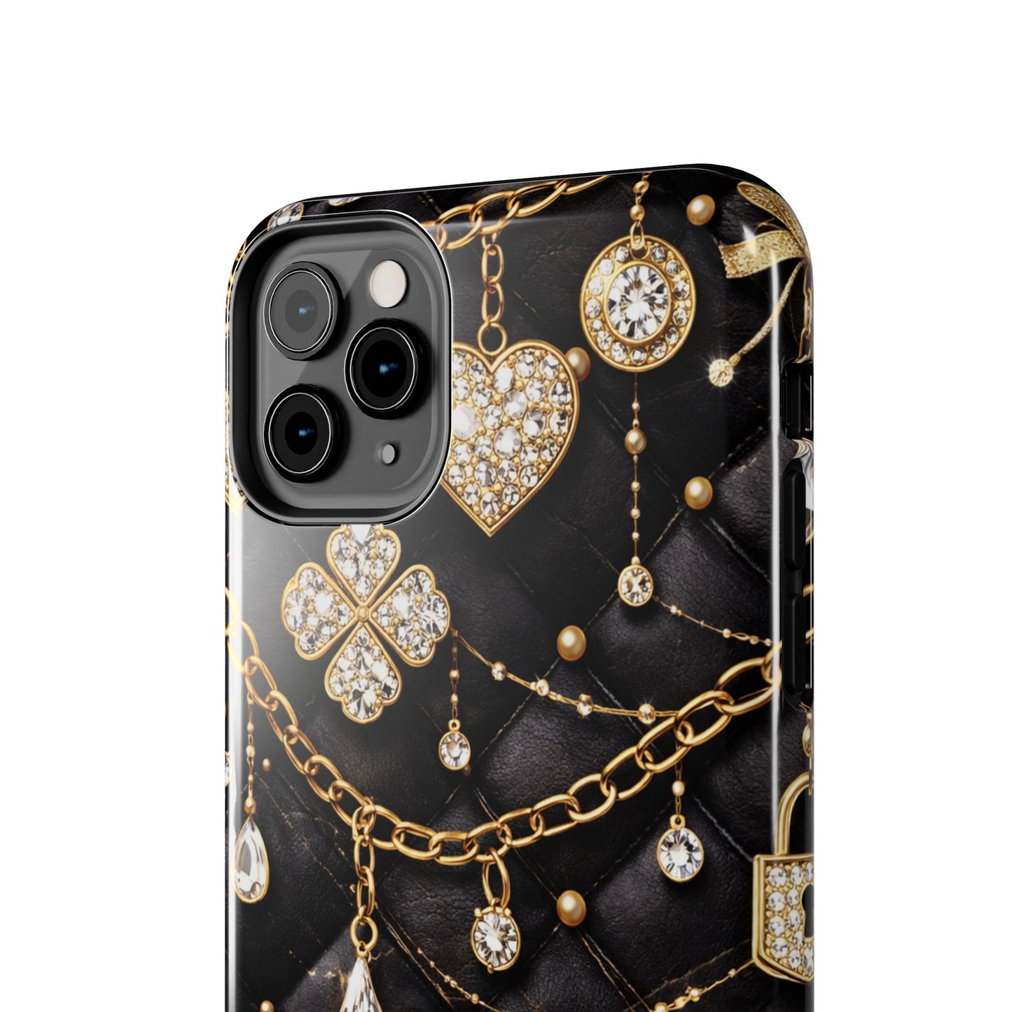 Quilted Black Luxe Phone Case — Gold Chain & Jewel Charm Design