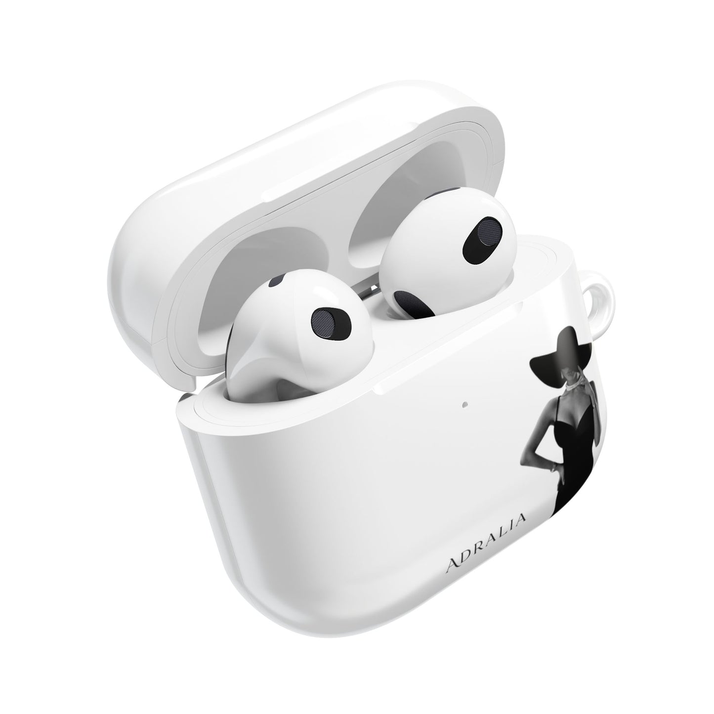 AirPods Case — Elegant Black Hat Silhouette with 'ADRALIA' Text