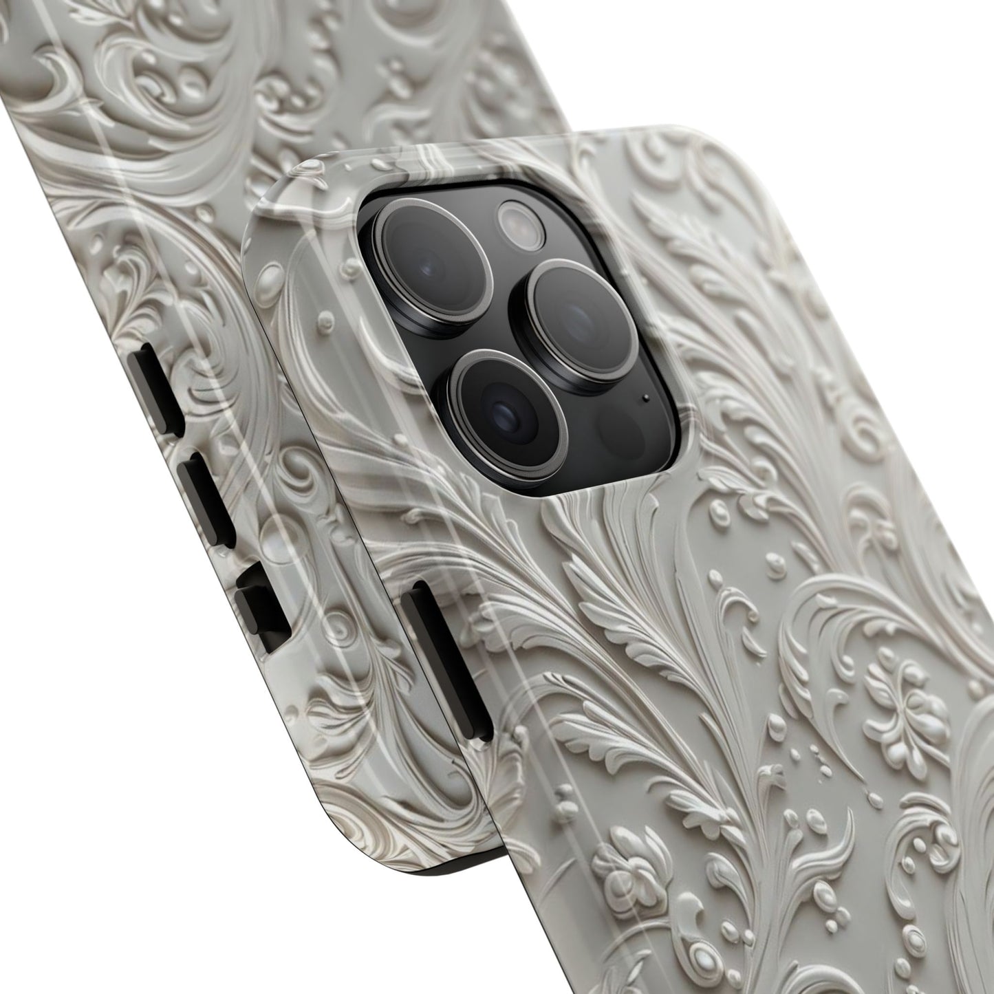 Ornate Baroque Relief Tough Phone Case — Gray Floral Scroll Protective Cover