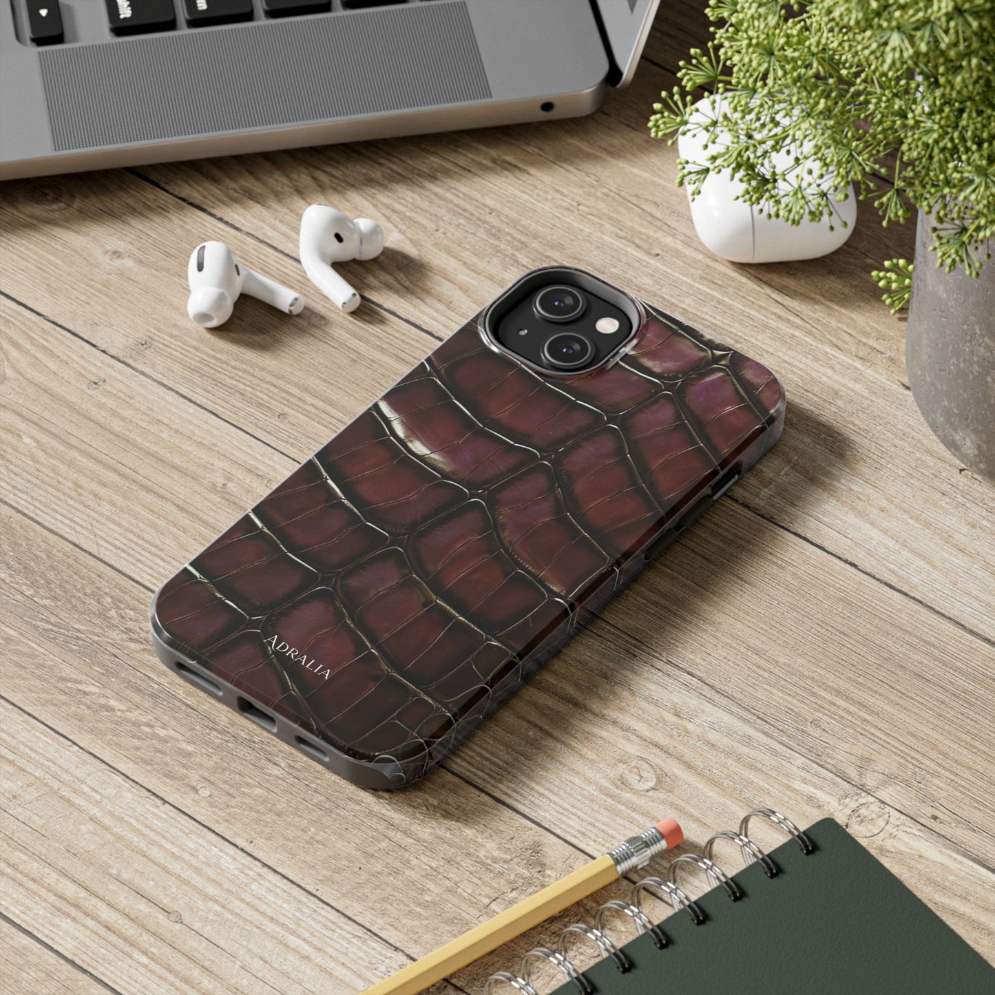 Croc-Embossed Tough Phone Case — Burgundy Faux Alligator with ADRALIA Accent
