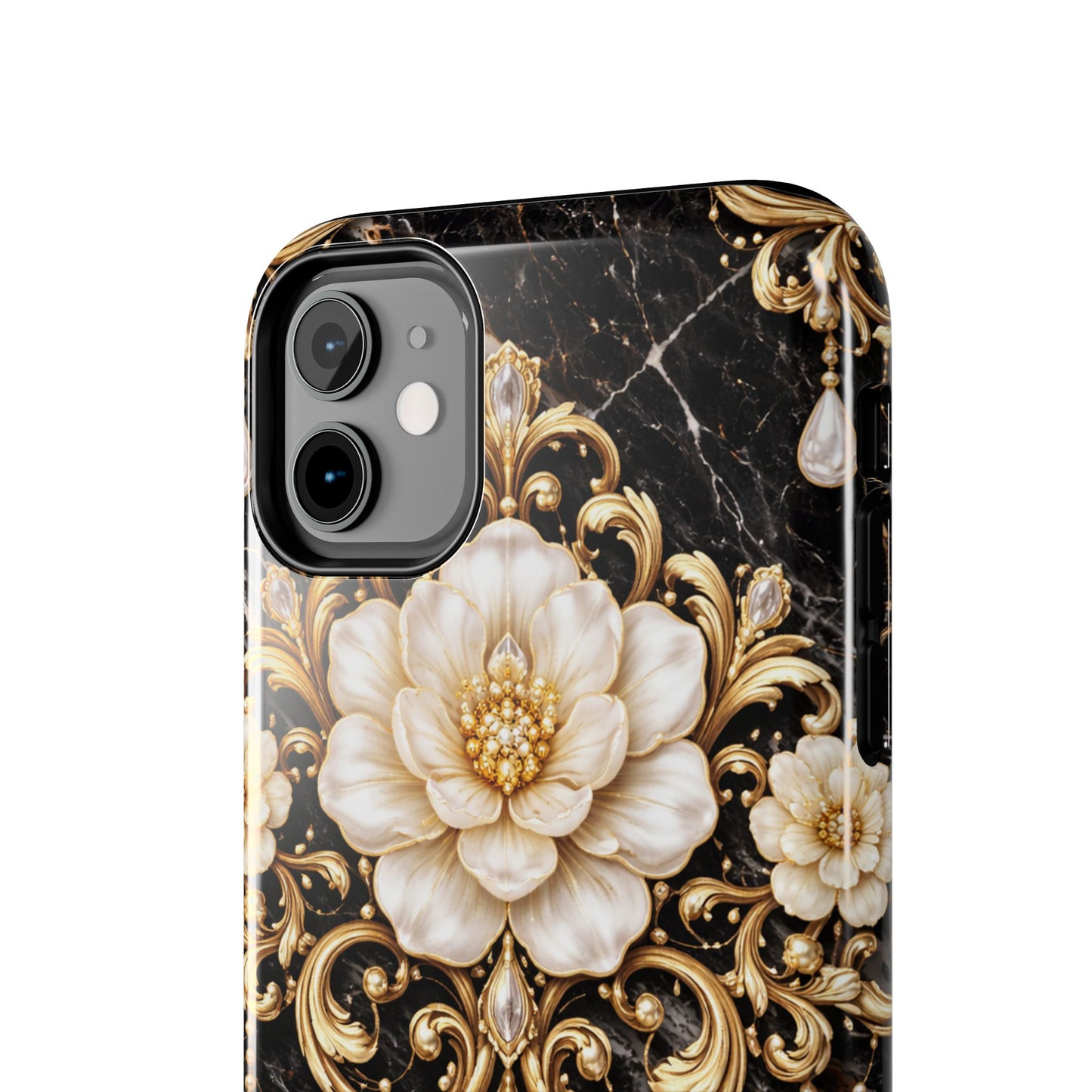 Phone Case — Black Marble Floral Baroque Tough Protective Cover