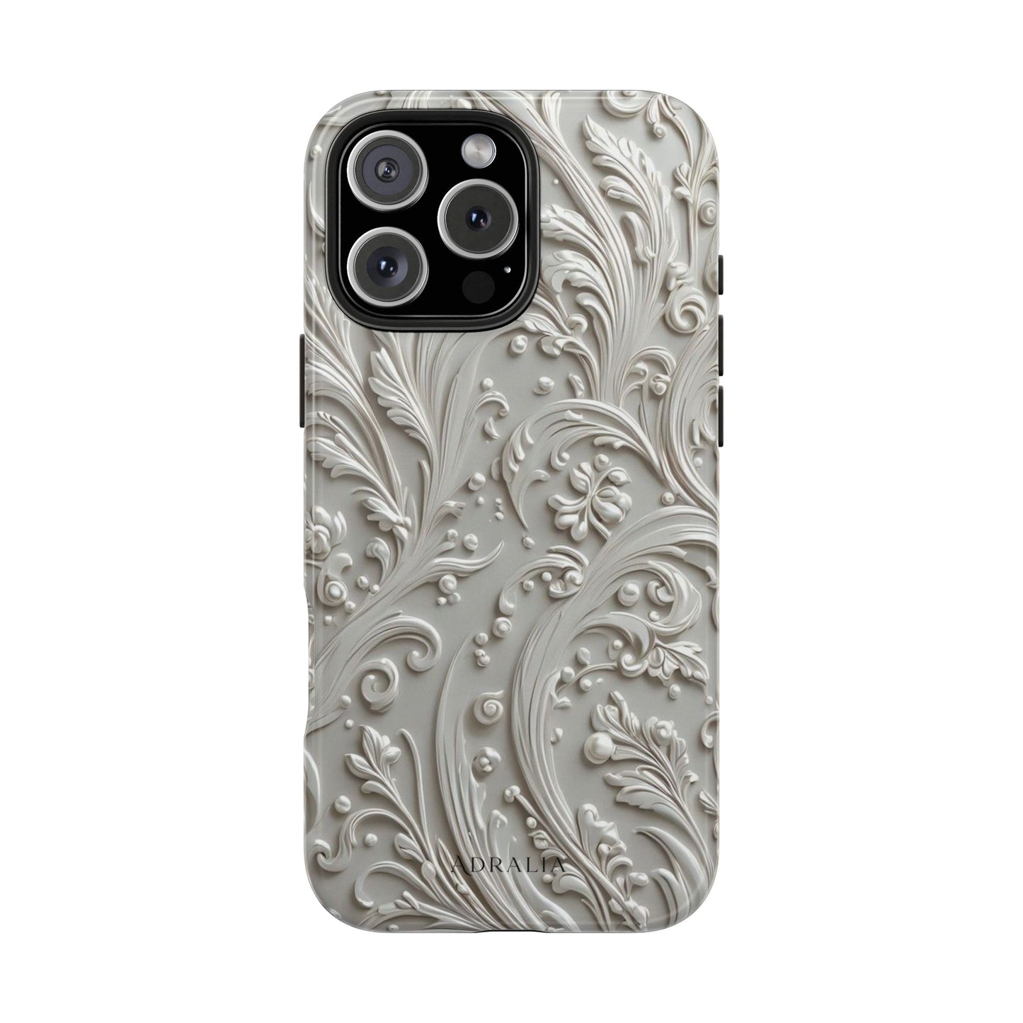 Ornate Baroque Relief Tough Phone Case — Gray Floral Scroll Protective Cover