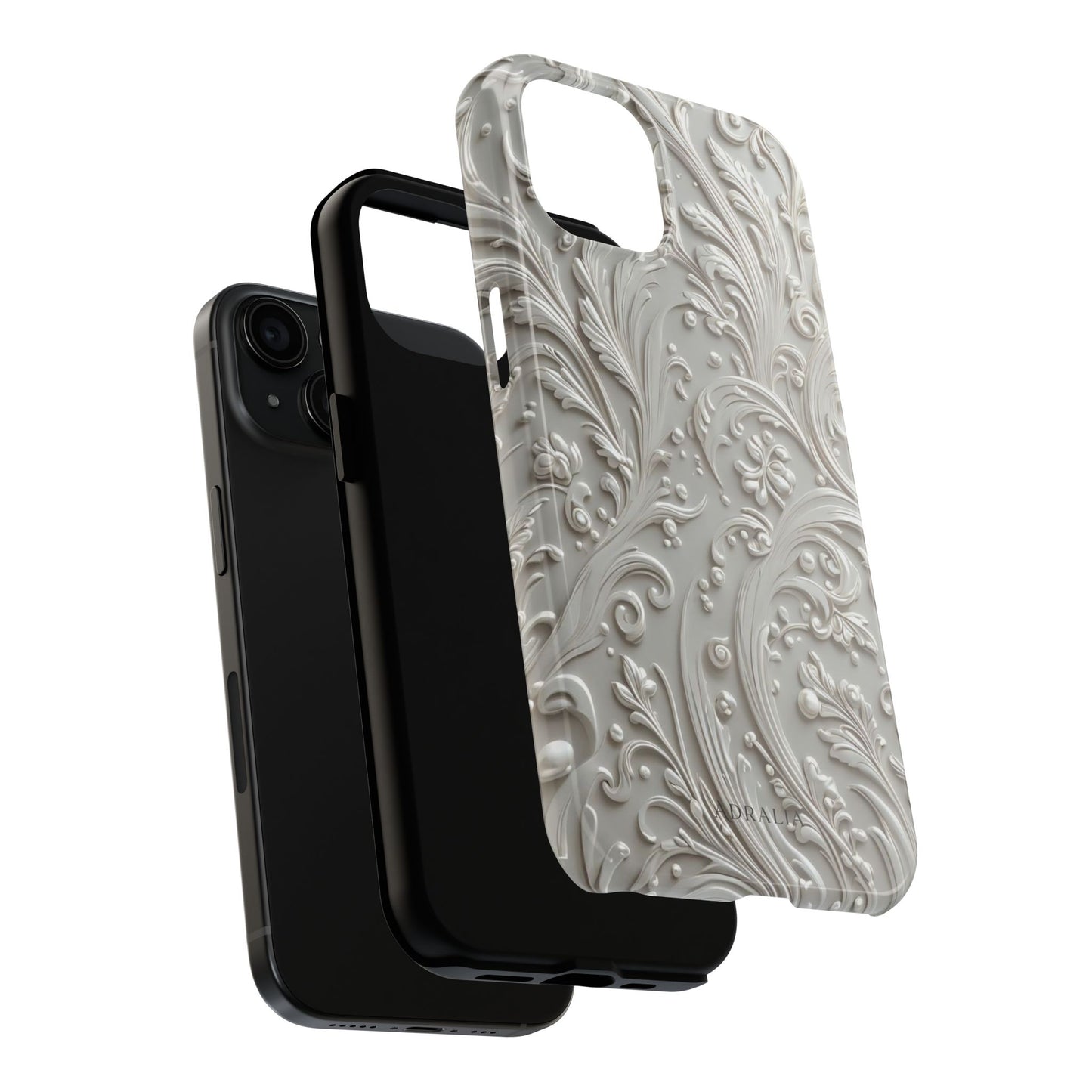 Ornate Baroque Relief Tough Phone Case — Gray Floral Scroll Protective Cover