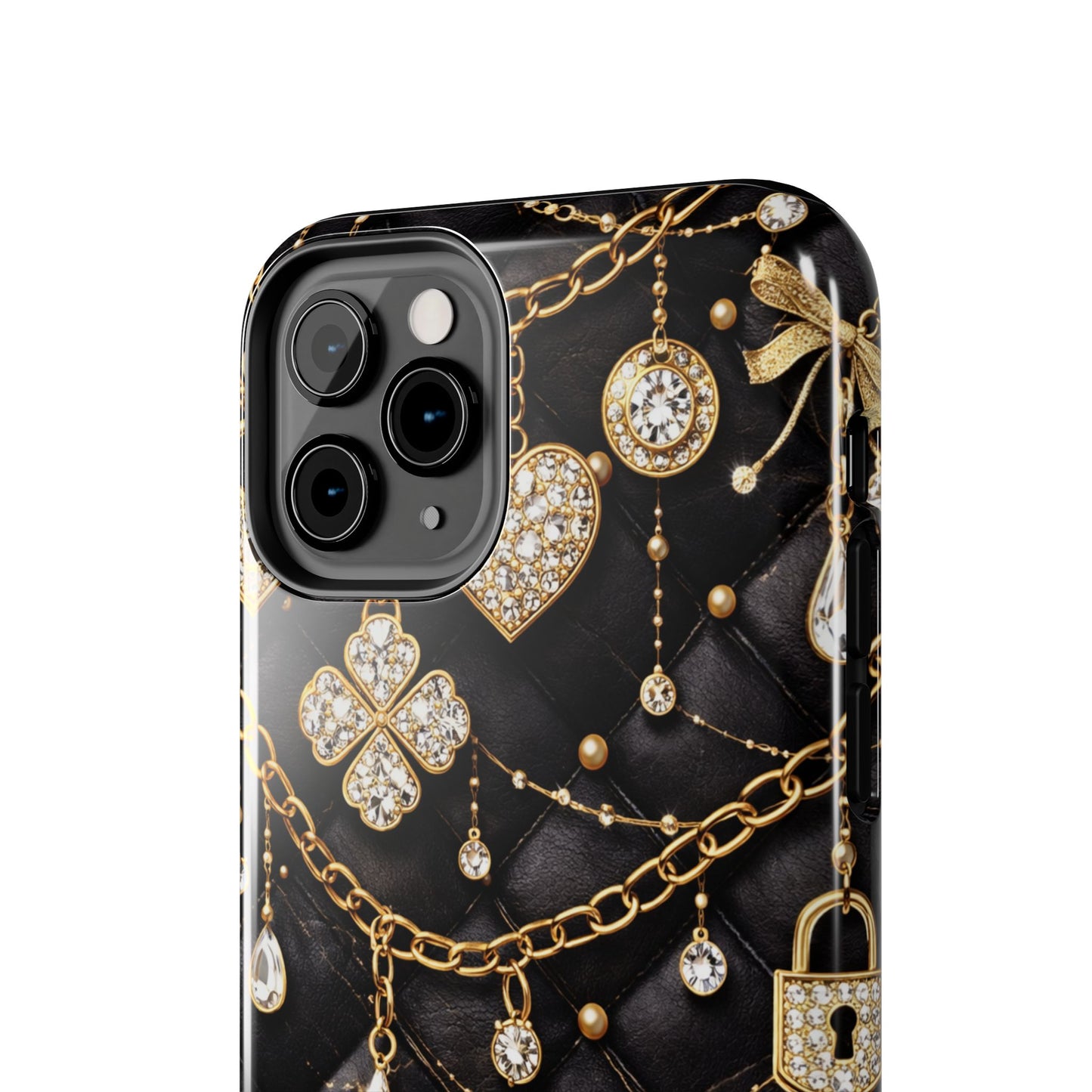 Quilted Black Luxe Phone Case — Gold Chain & Jewel Charm Design