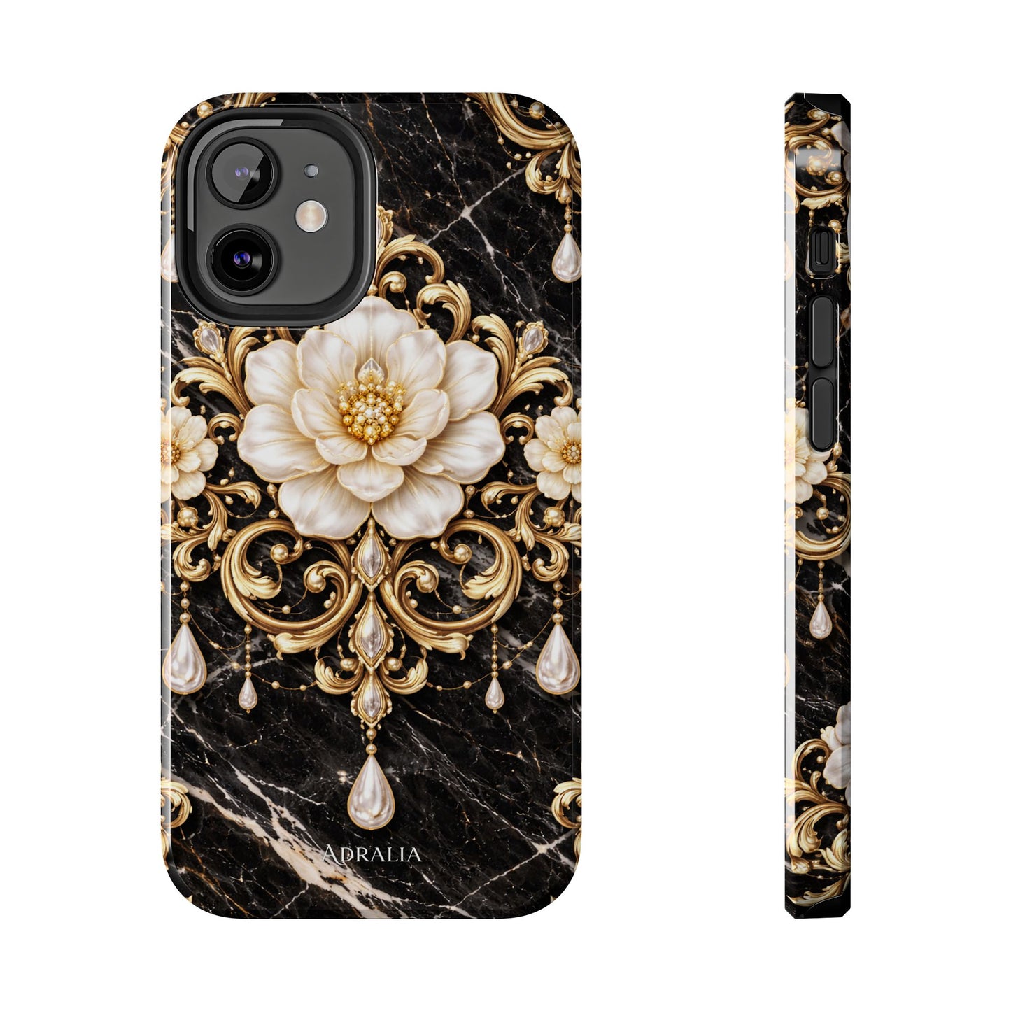 Phone Case — Black Marble Floral Baroque Tough Protective Cover