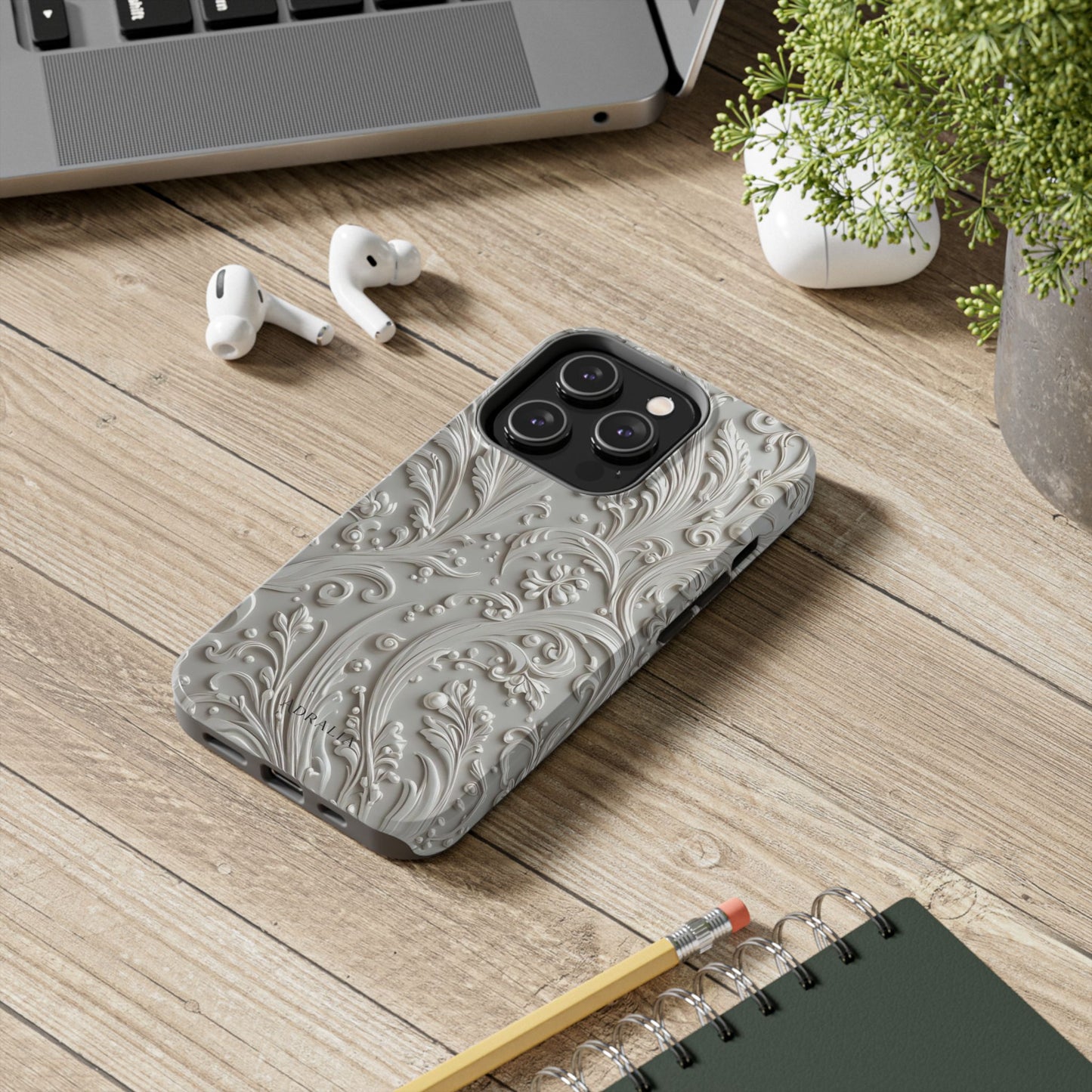 Ornate Baroque Relief Tough Phone Case — Gray Floral Scroll Protective Cover