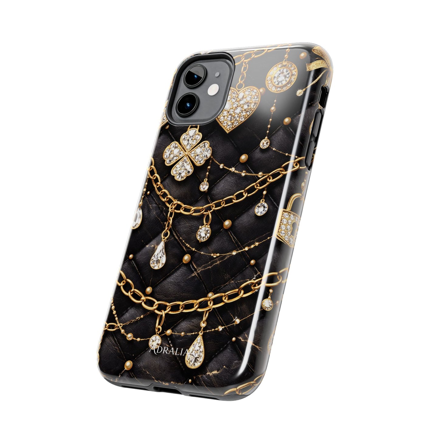 Quilted Black Luxe Phone Case — Gold Chain & Jewel Charm Design