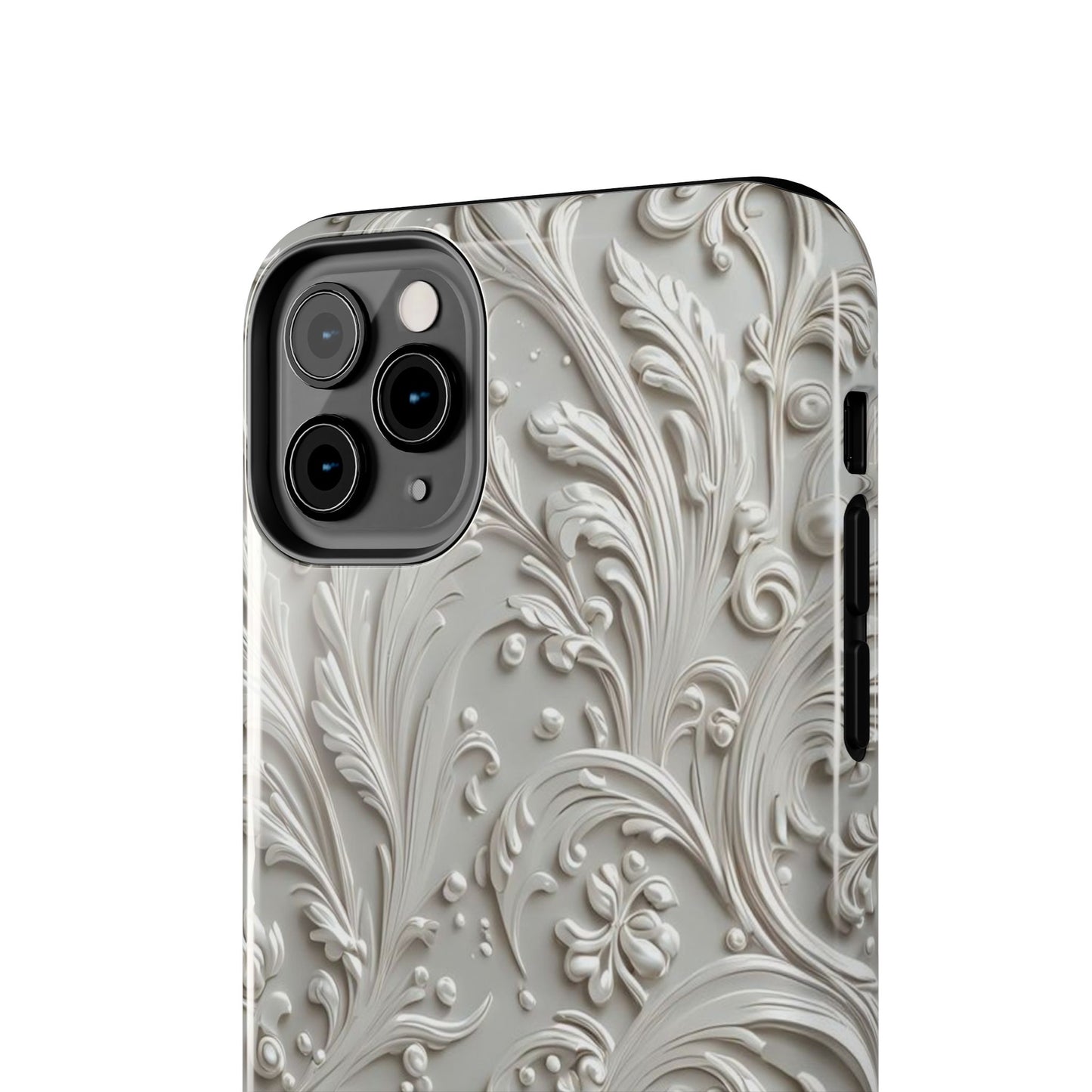 Ornate Baroque Relief Tough Phone Case — Gray Floral Scroll Protective Cover