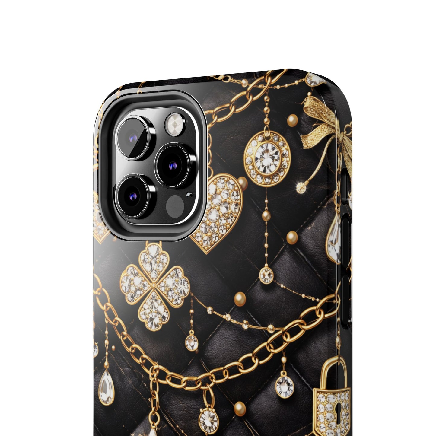 Quilted Black Luxe Phone Case — Gold Chain & Jewel Charm Design