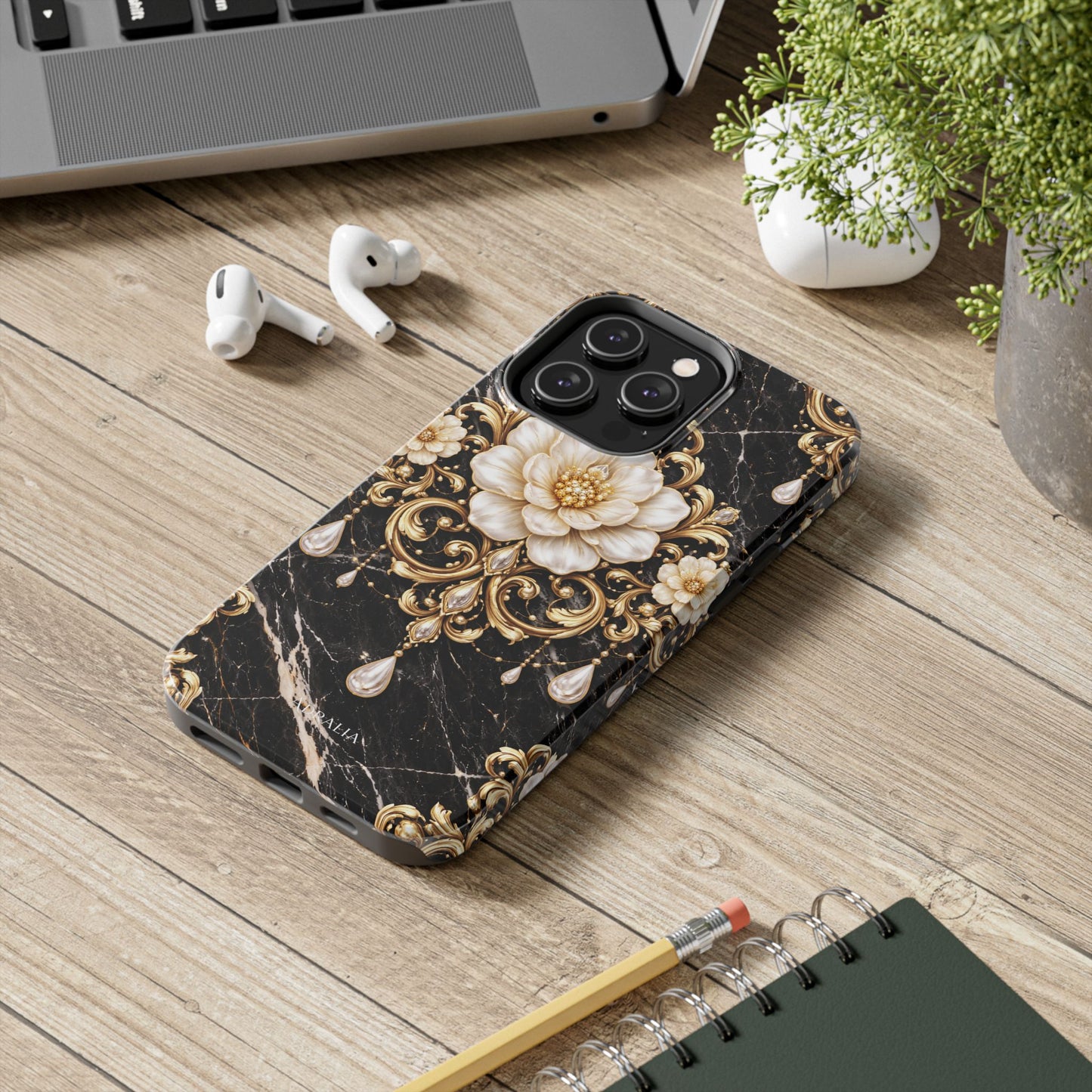 Phone Case — Black Marble Floral Baroque Tough Protective Cover