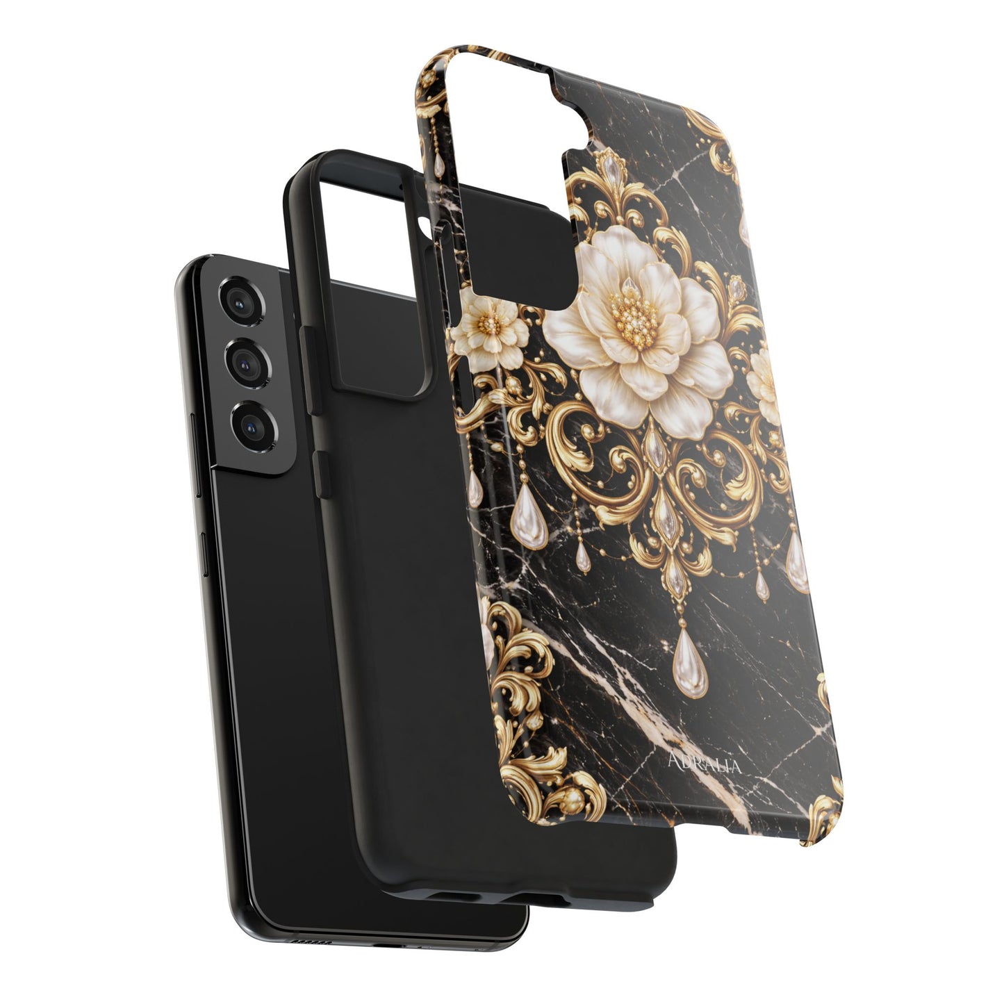 Phone Case — Black Marble Floral Baroque Tough Protective Cover