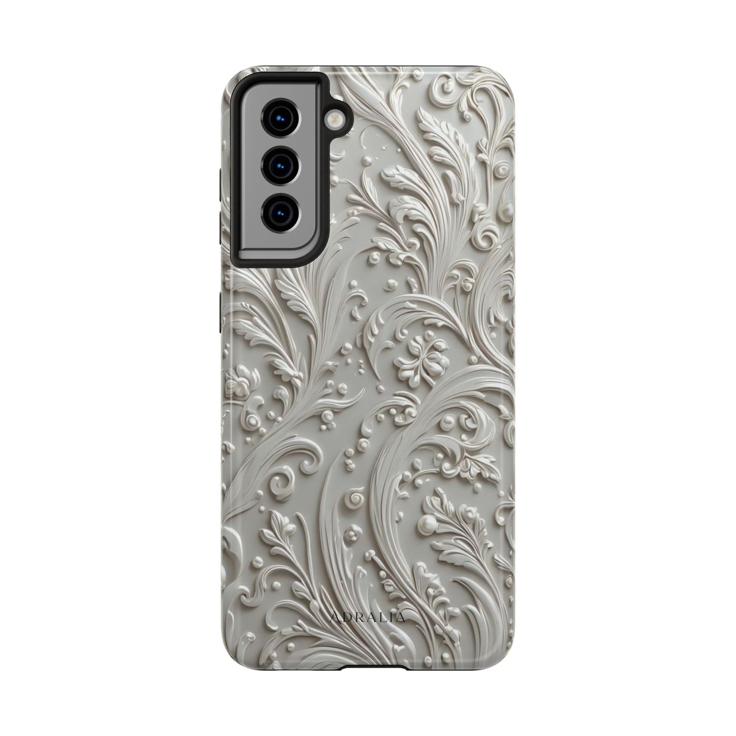 Ornate Baroque Relief Tough Phone Case — Gray Floral Scroll Protective Cover