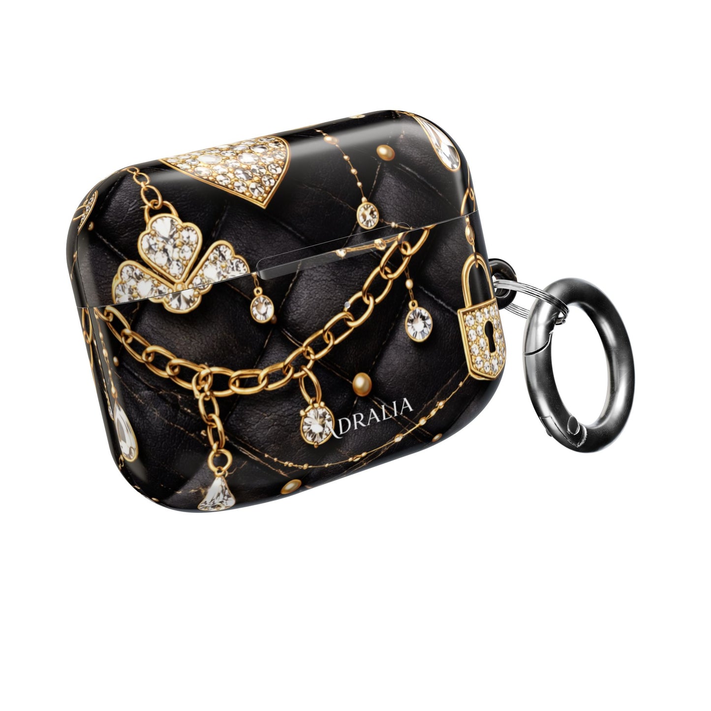 Lux Quilted Black AirPod Case — Gold Chain & Diamond Lock Design