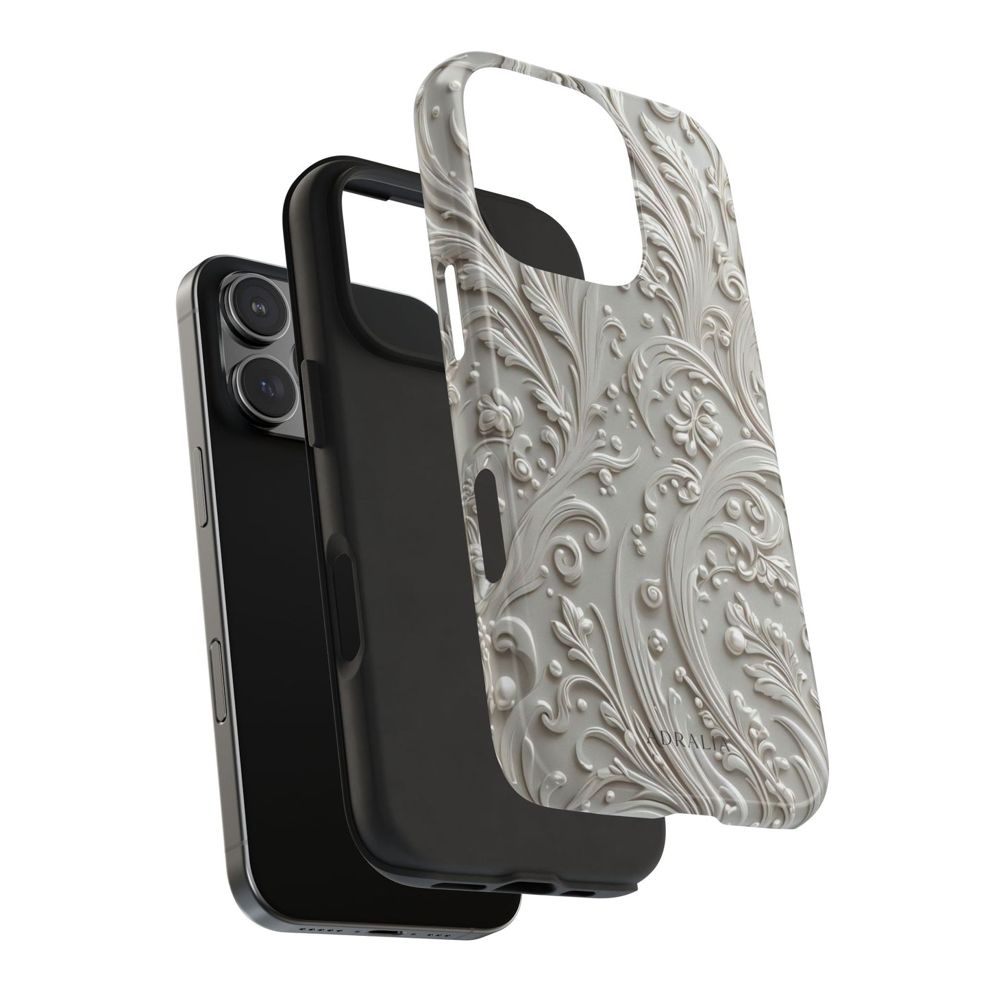 Ornate Baroque Relief Tough Phone Case — Gray Floral Scroll Protective Cover