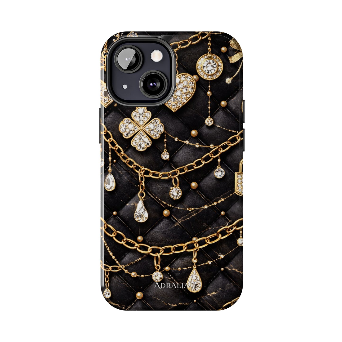 Quilted Black Luxe Phone Case — Gold Chain & Jewel Charm Design