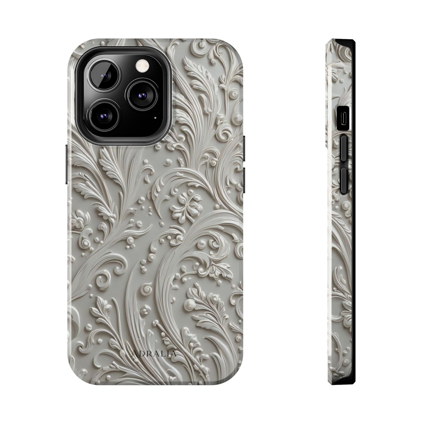 Ornate Baroque Relief Tough Phone Case — Gray Floral Scroll Protective Cover