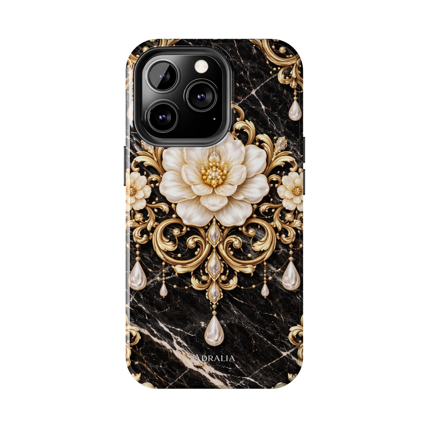 Phone Case — Black Marble Floral Baroque Tough Protective Cover