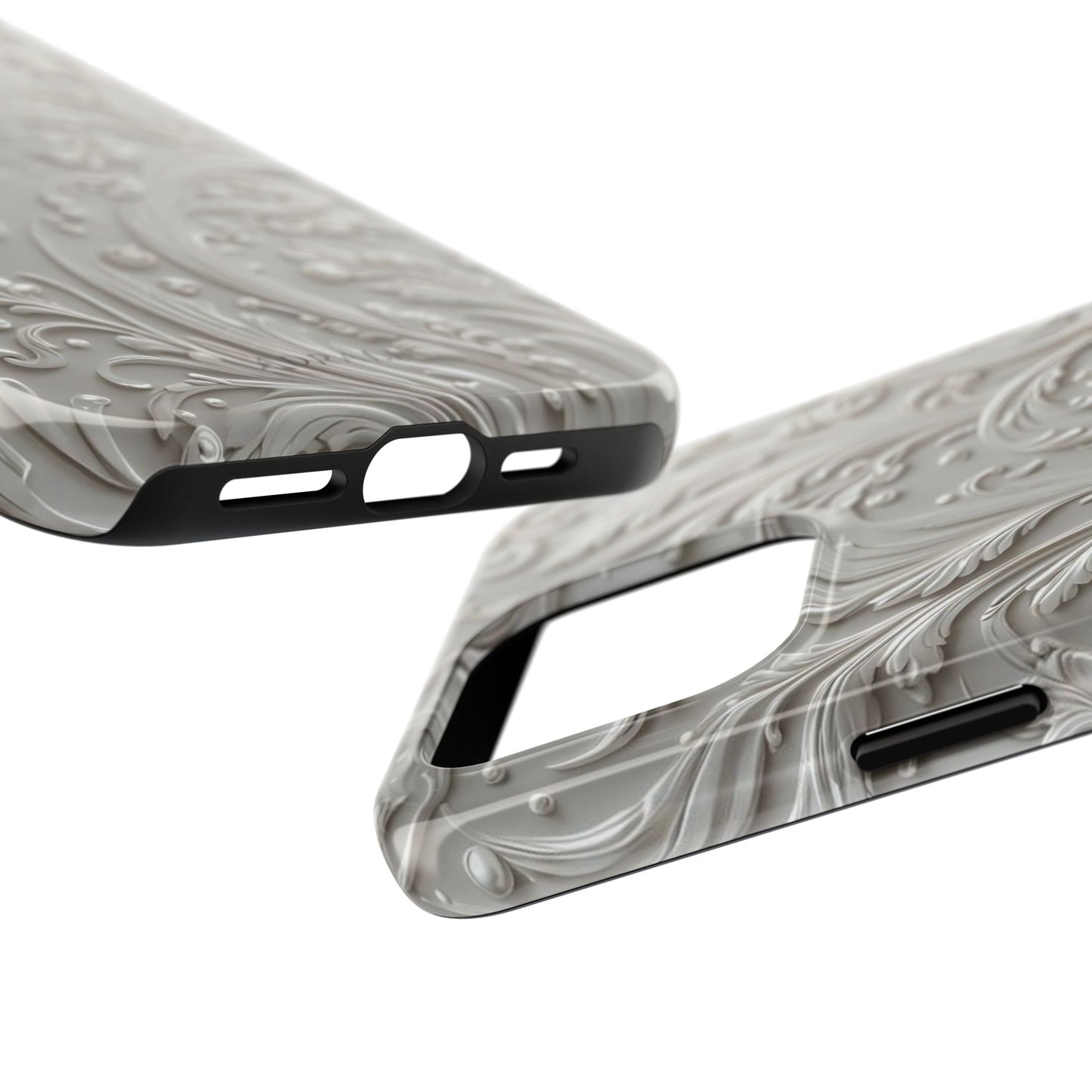 Ornate Baroque Relief Tough Phone Case — Gray Floral Scroll Protective Cover