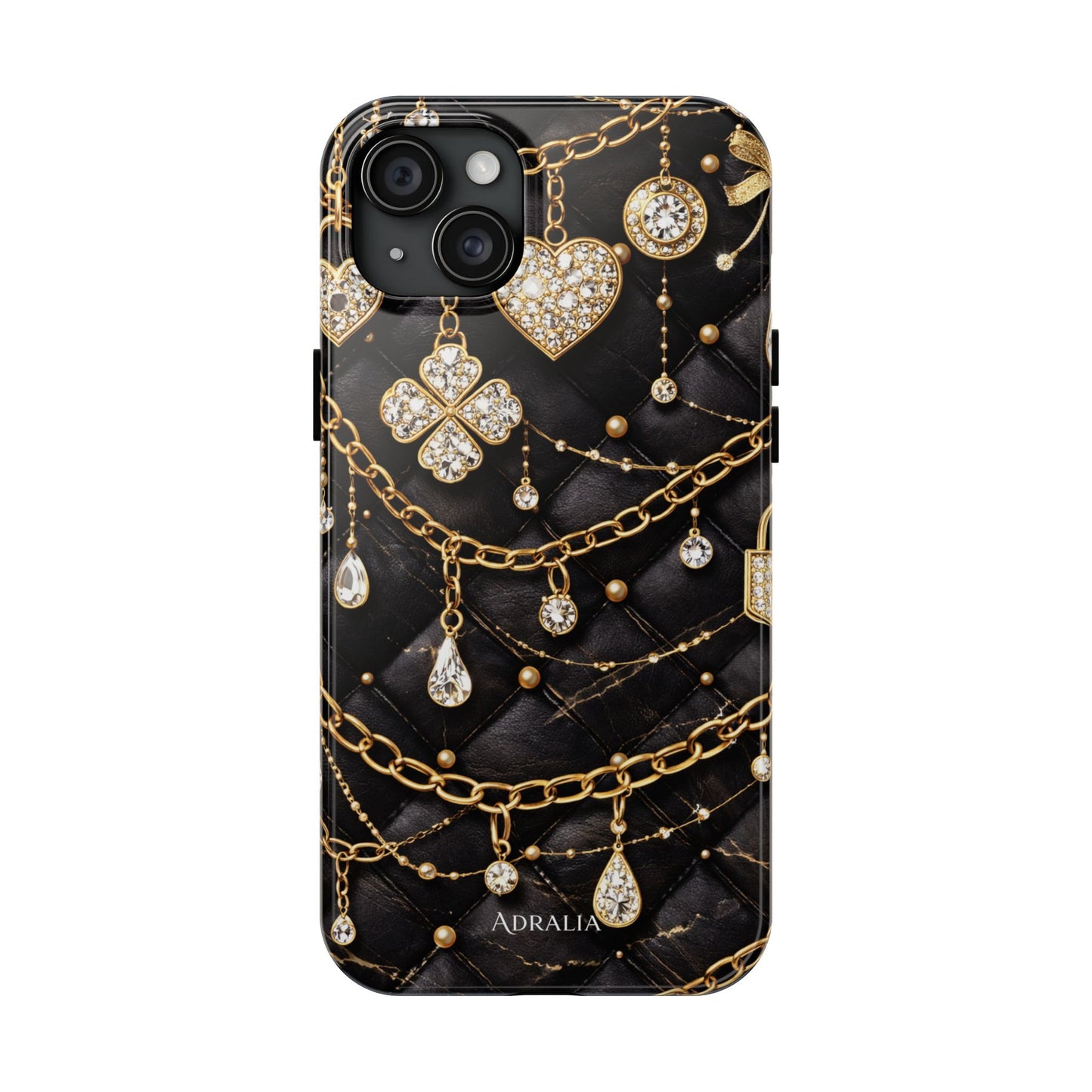 Quilted Black Luxe Phone Case — Gold Chain & Jewel Charm Design