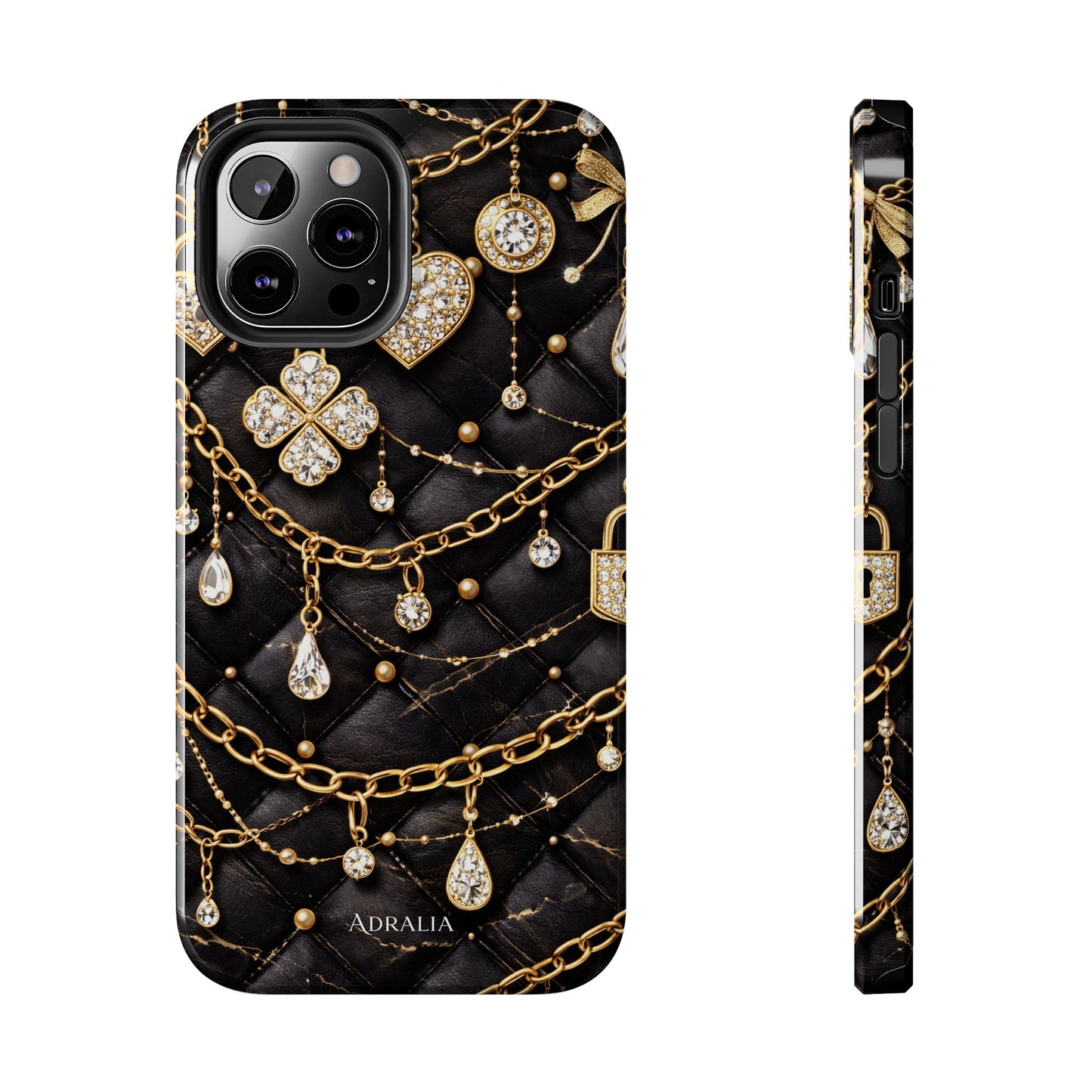 Quilted Black Luxe Phone Case — Gold Chain & Jewel Charm Design