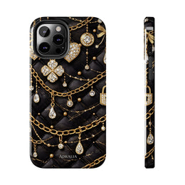 Quilted Black Luxe Phone Case — Gold Chain & Jewel Charm Design