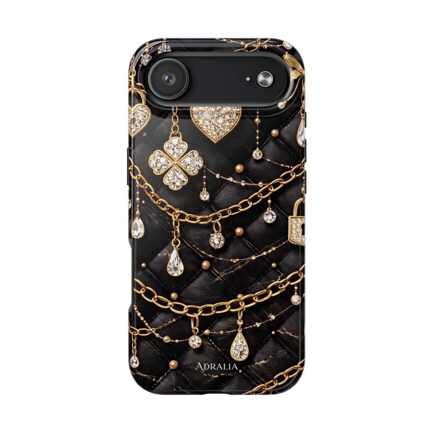 Quilted Black Luxe Phone Case — Gold Chain & Jewel Charm Design