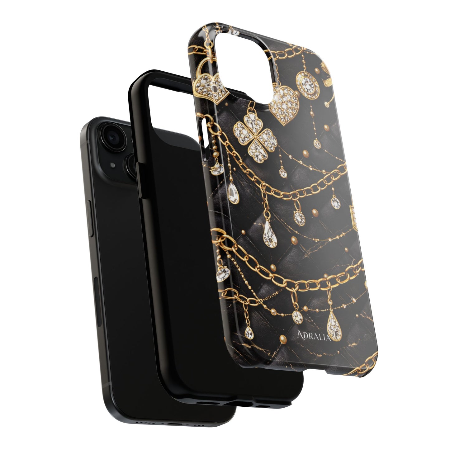 Quilted Black Luxe Phone Case — Gold Chain & Jewel Charm Design