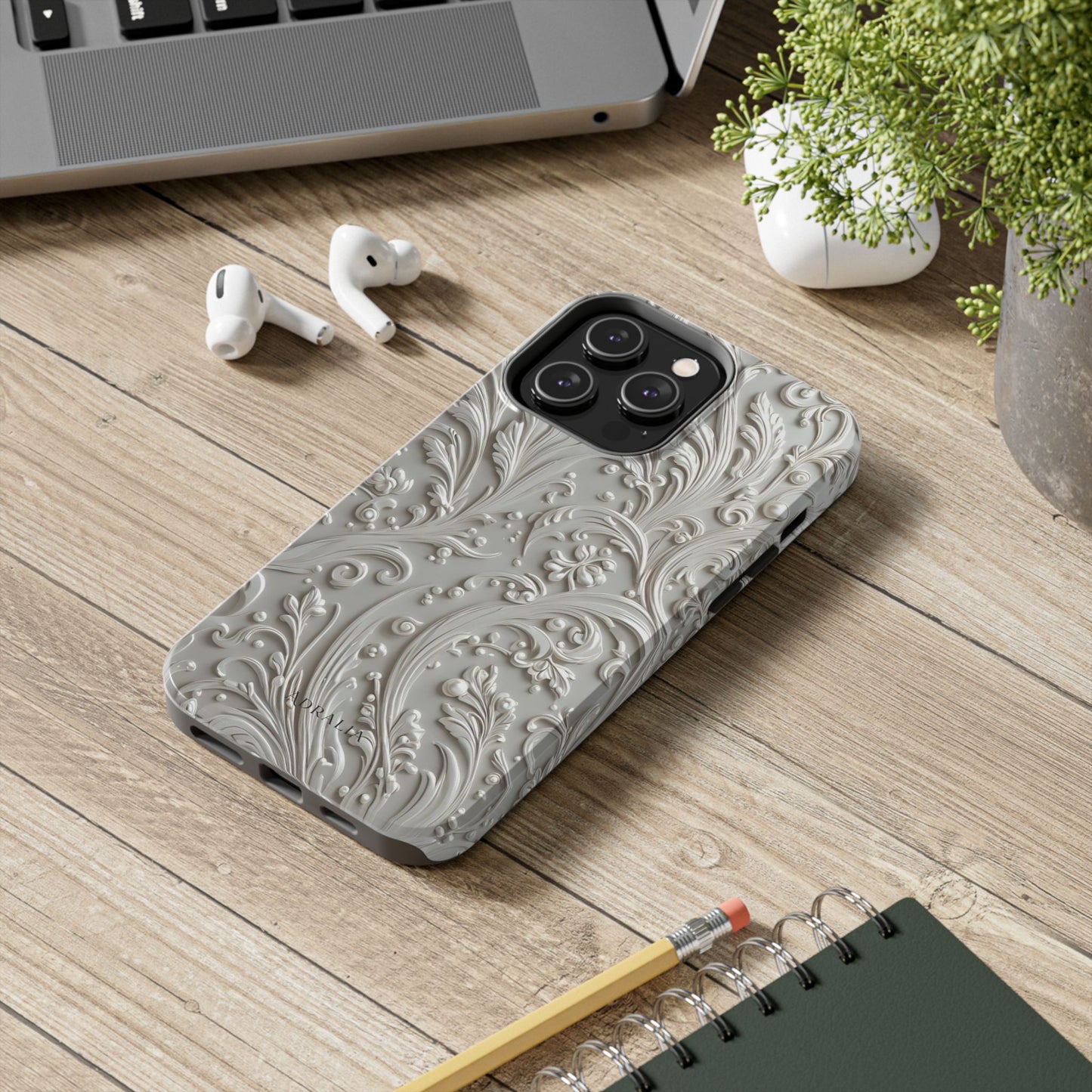 Ornate Baroque Relief Tough Phone Case — Gray Floral Scroll Protective Cover
