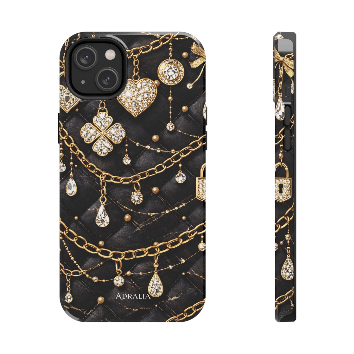 Quilted Black Luxe Phone Case — Gold Chain & Jewel Charm Design