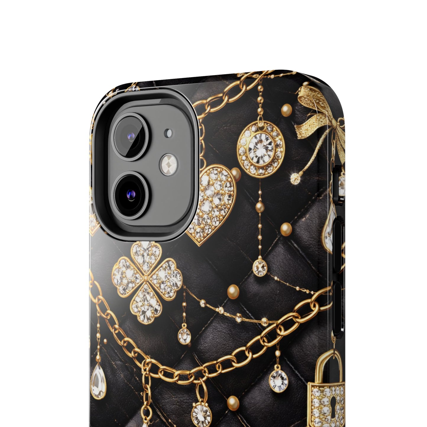 Quilted Black Luxe Phone Case — Gold Chain & Jewel Charm Design