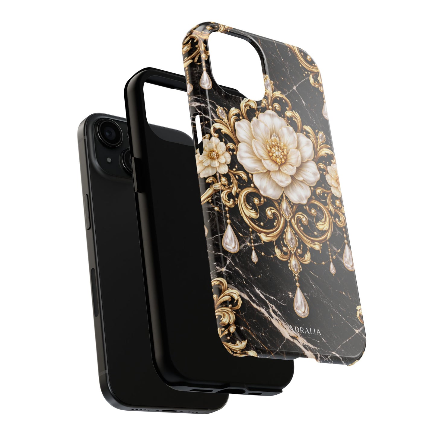 Phone Case — Black Marble Floral Baroque Tough Protective Cover