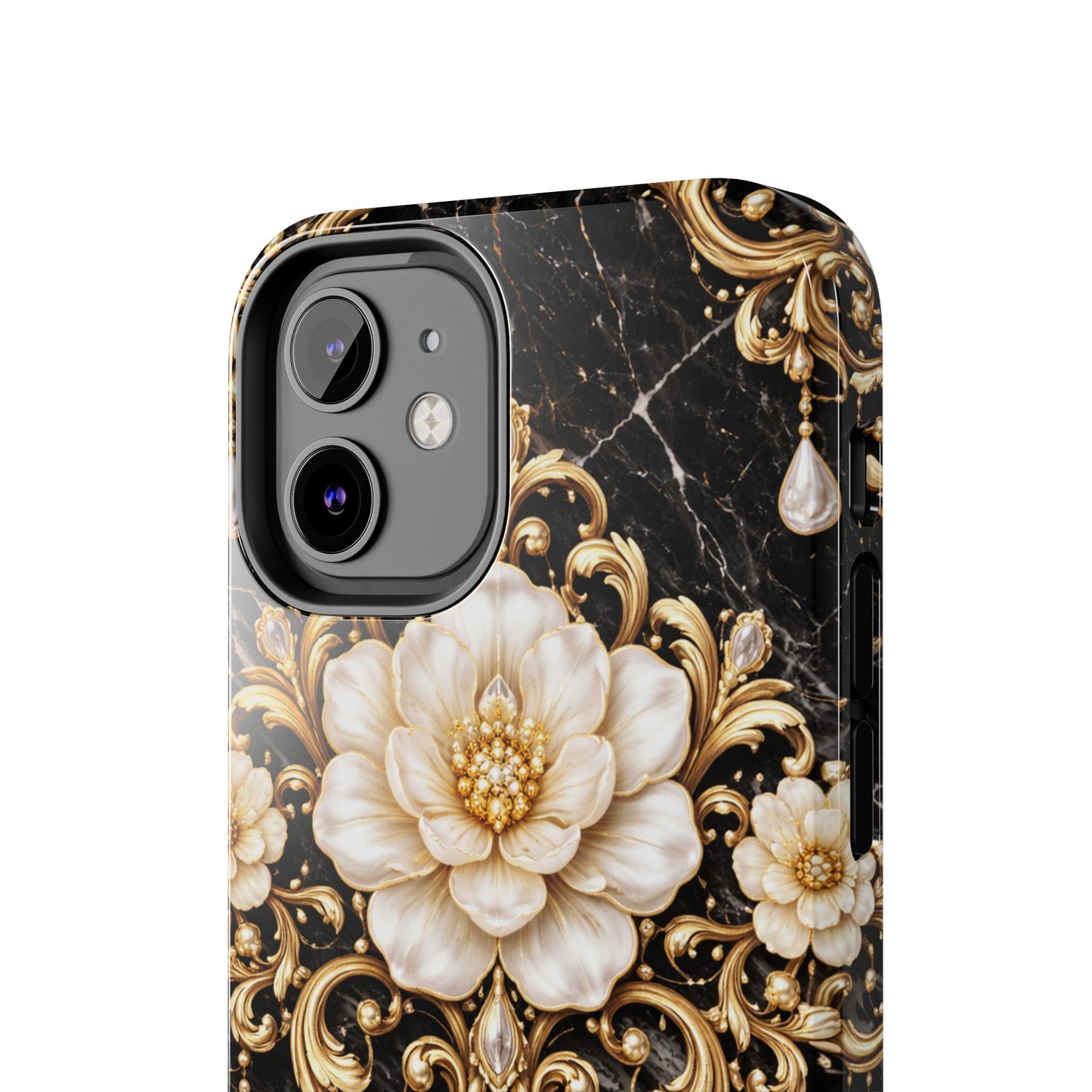 Phone Case — Black Marble Floral Baroque Tough Protective Cover