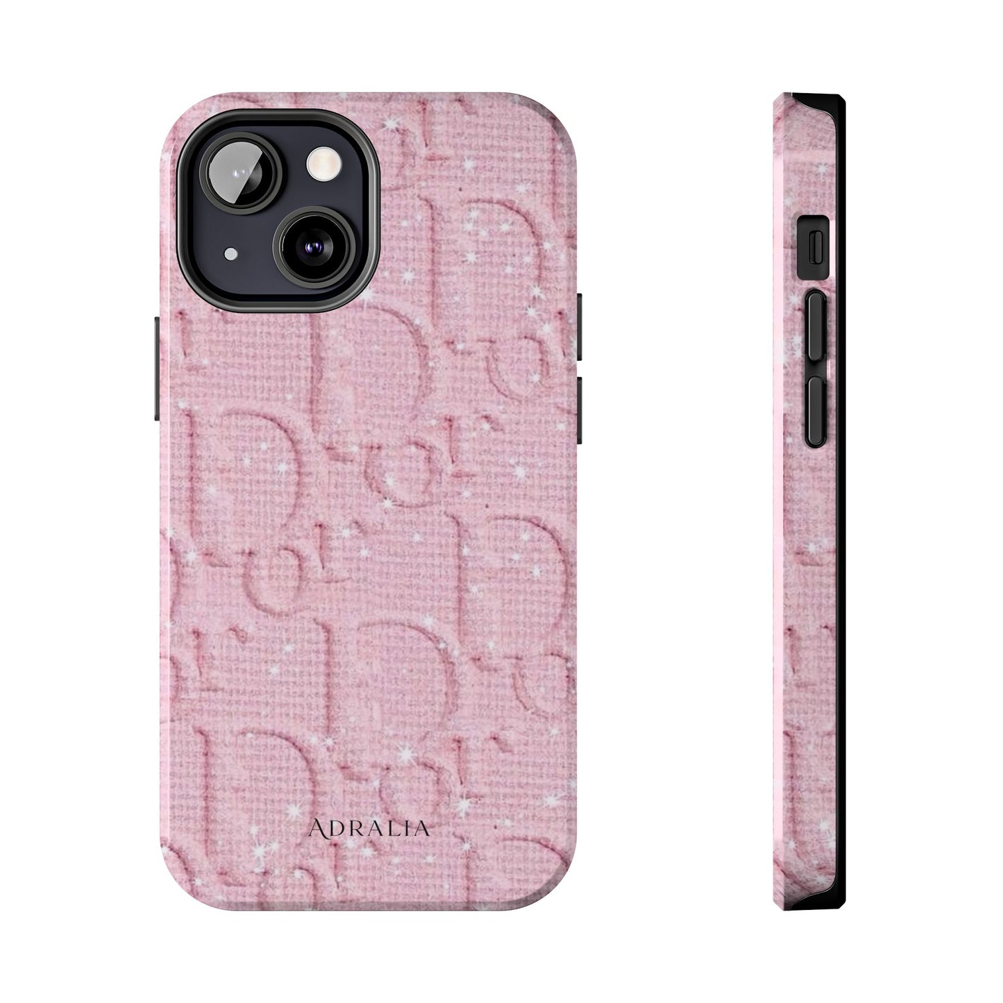 Pink Embossed Tough Phone Case – 'Adralia' Glitter Monogram Protective Cover