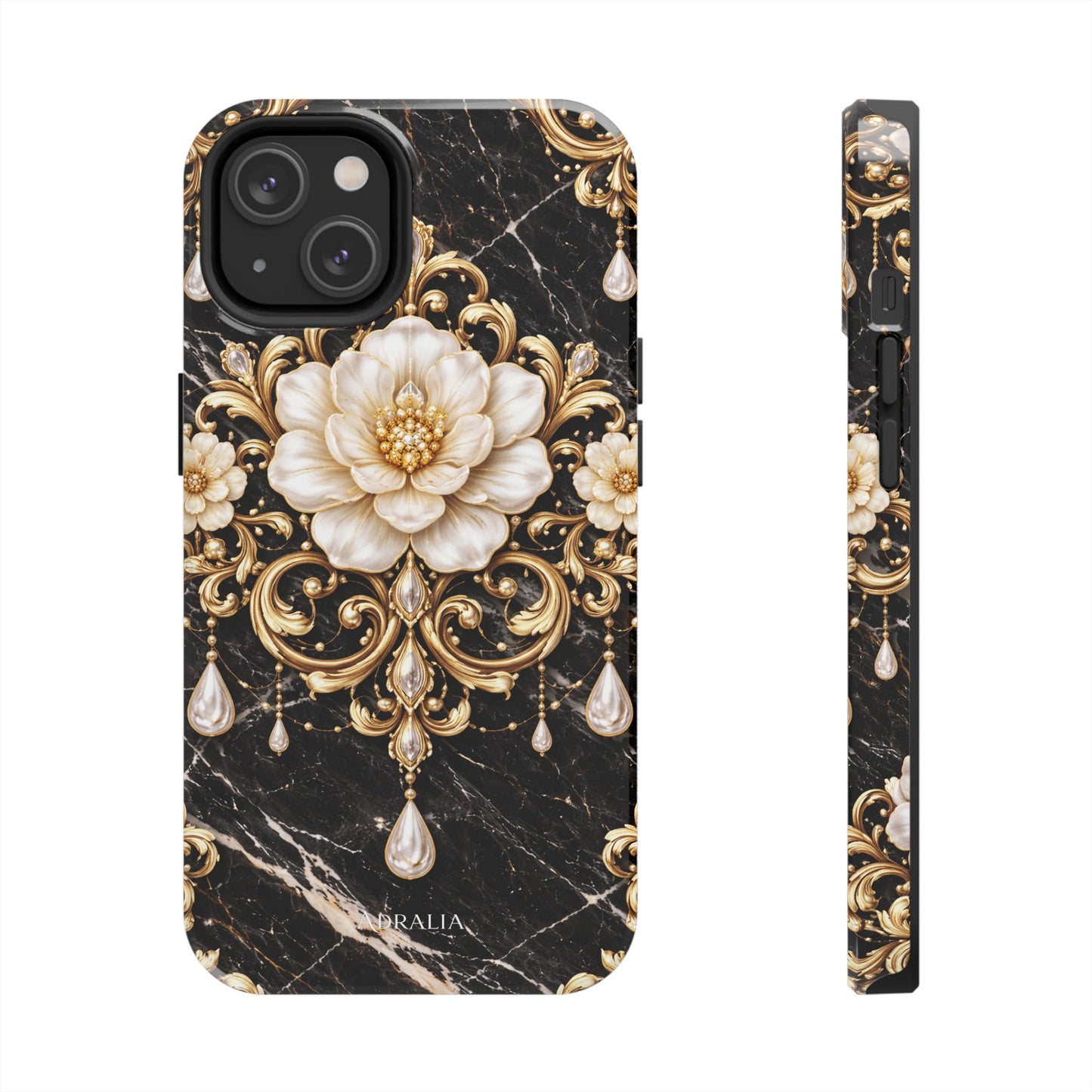 Phone Case — Black Marble Floral Baroque Tough Protective Cover